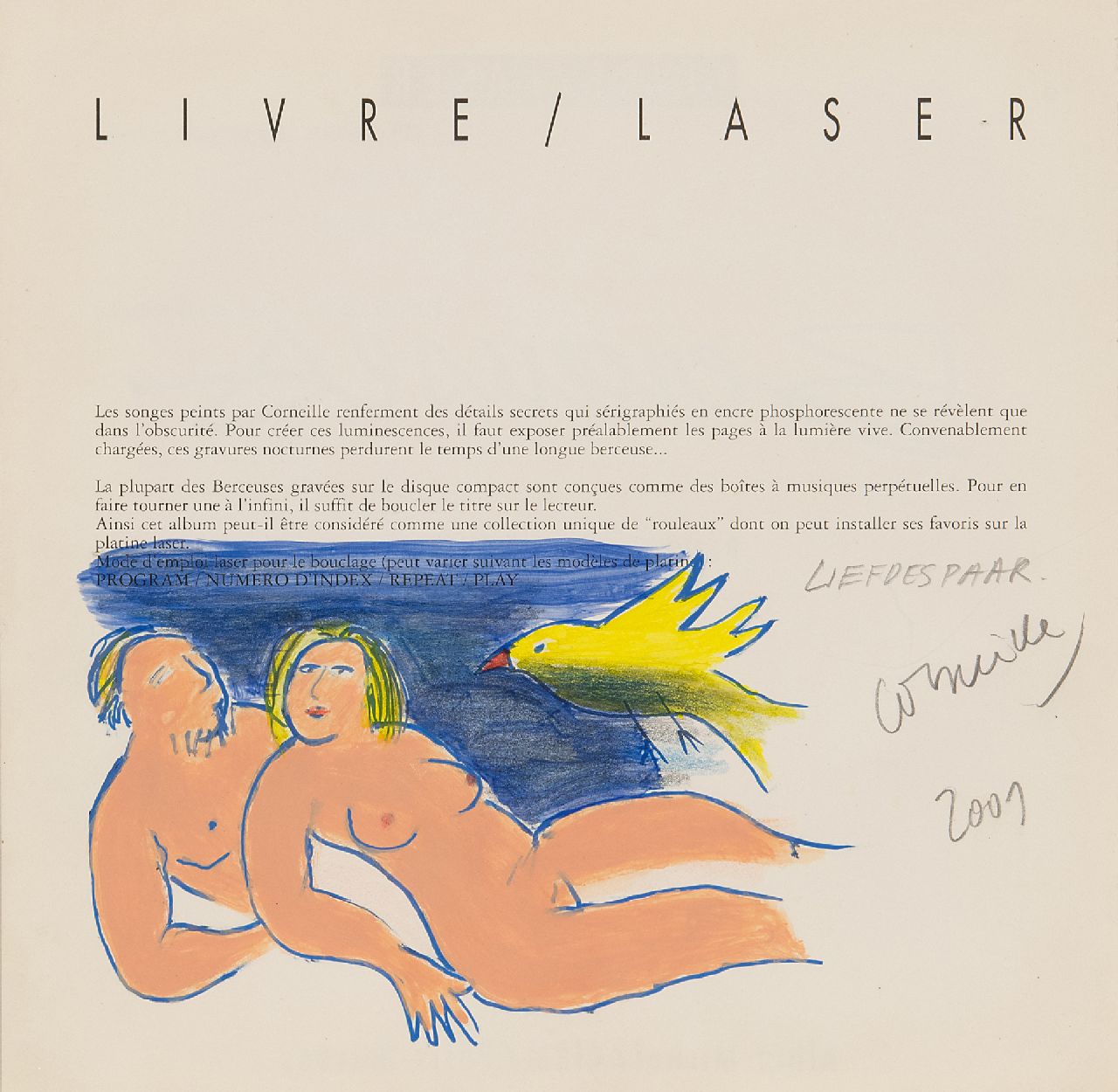 Corneille ('Corneille' Guillaume Beverloo) | Corneille ('Corneille' Guillaume Beverloo) | Aquarellen en tekeningen te koop aangeboden | Liefdespaar (geschilderd op pagina 2 cd-boekje Livre/Laser 'Berceuses'), gouache en krijt op papier 24,9 x 25,1 cm, gesigneerd rechtsonder en gedateerd 2001 Corneille ('Corneille' Guillaume Beverloo) | Corneille ('Corneille' Guillaume Beverloo) | Aquarellen en tekeningen te koop aangeboden | Liefdespaar (geschilderd op pagina 2 cd-boekje Livre/Laser 'Berceuses'), gouache en krijt op papier 24,9 x 25,1 cm, gesigneerd rechtsonder en gedateerd 2001