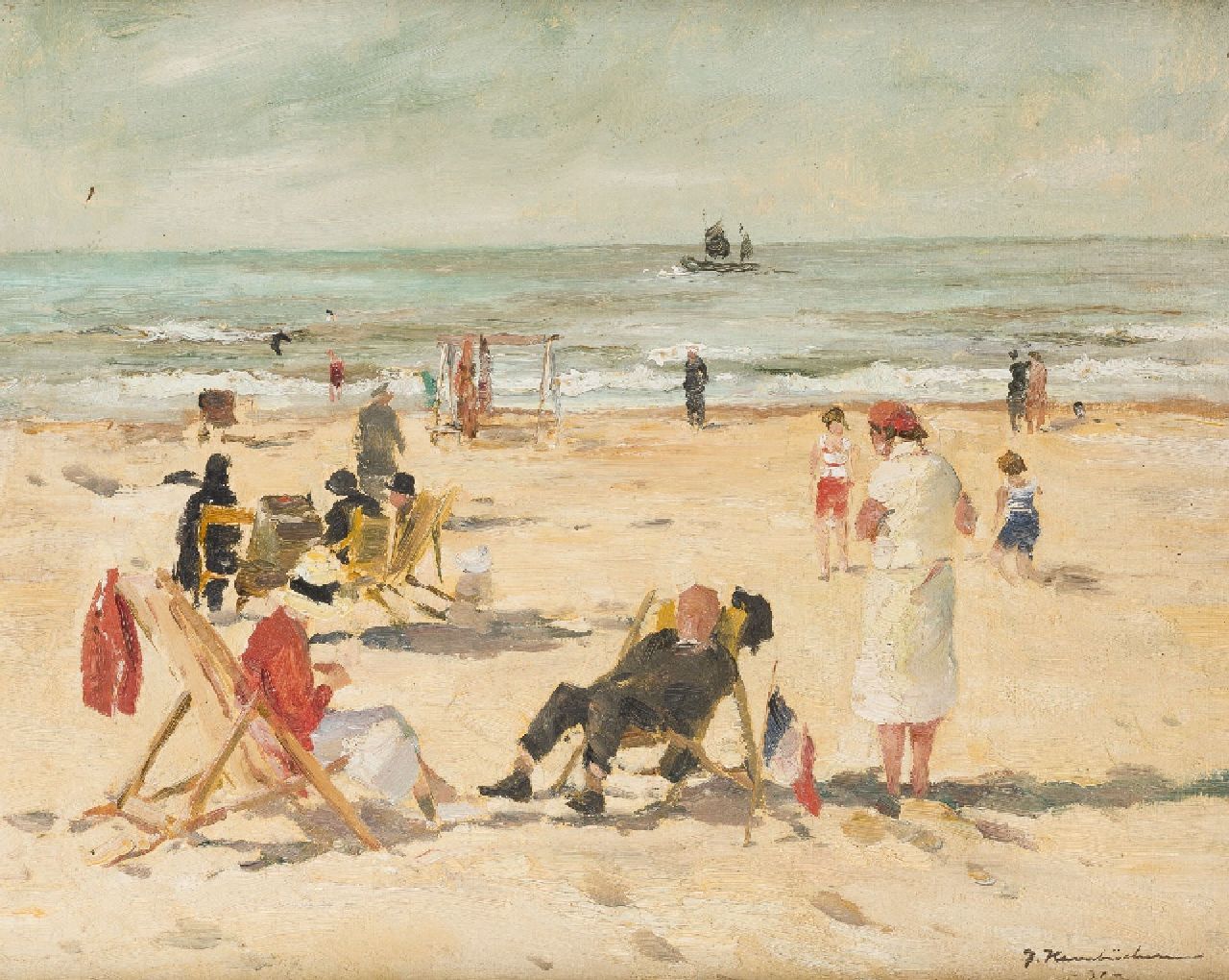 Hambüchen G.  | Georg Hambüchen | Schilderijen te koop aangeboden | Strandleven in Katwijk, olieverf op doek 39,7 x 49,5 cm, gesigneerd rechtsonder en gedateerd '31 Hambüchen G.  | Georg Hambüchen | Schilderijen te koop aangeboden | Strandleven in Katwijk, olieverf op doek 39,7 x 49,5 cm, gesigneerd rechtsonder en gedateerd '31