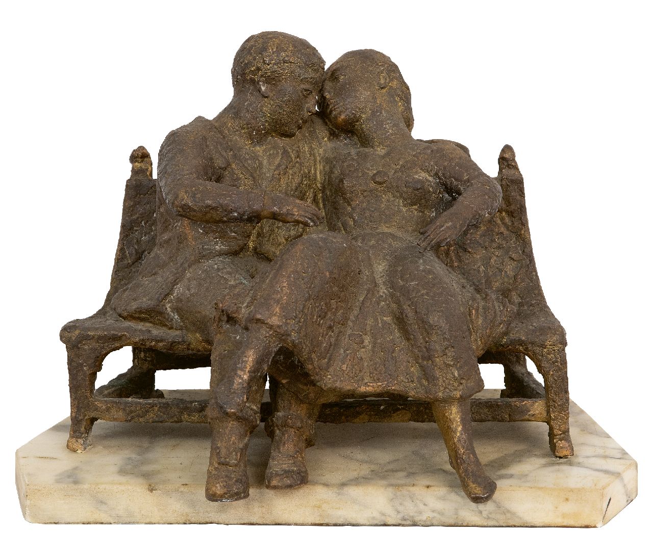 Starreveld P.  | Pieter Starreveld | Beelden en objecten te koop aangeboden | Geliefden op een bankje, brons 25,5 x 27,5 cm, gesigneerd op achterkant bank met monogram en te dateren 1983