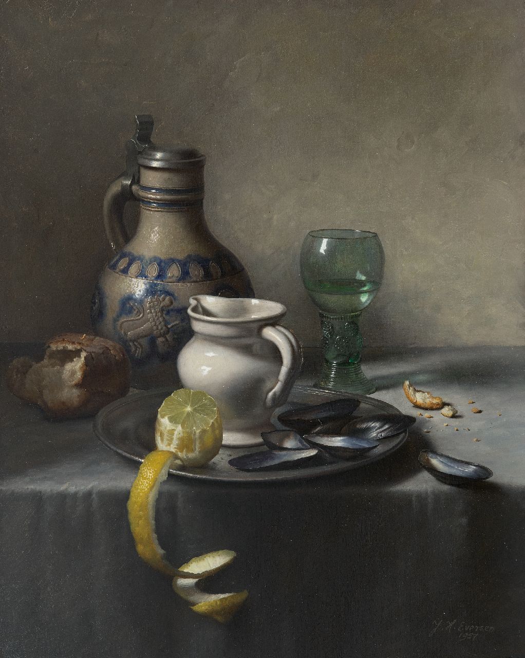 Eversen J.H.  | Johannes Hendrik 'Jan' Eversen | Schilderijen te koop aangeboden | Stilleven met Westerwaldkruik, roemer, citroen en mosselen, olieverf op doek 50,8 x 40,9 cm, gesigneerd rechtsonder en gedateerd 1957 Eversen J.H.  | Johannes Hendrik 'Jan' Eversen | Schilderijen te koop aangeboden | Stilleven met Westerwaldkruik, roemer, citroen en mosselen, olieverf op doek 50,8 x 40,9 cm, gesigneerd rechtsonder en gedateerd 1957