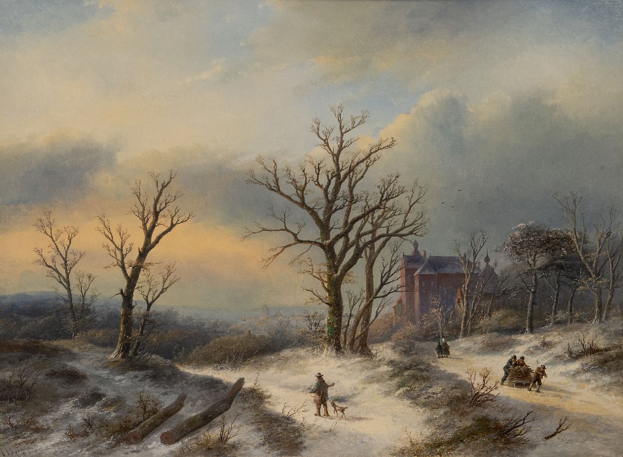 Spohler J.J. | Jan Jacob Spohler | Schilderijen te koop aangeboden | Winterlandschap met jagers en houthakkers, olieverf op doek 62,5 x 84,5 cm, gesigneerd linksonder Spohler J.J. | Jan Jacob Spohler | Schilderijen te koop aangeboden | Winterlandschap met jagers en houthakkers, olieverf op doek 62,5 x 84,5 cm, gesigneerd linksonder