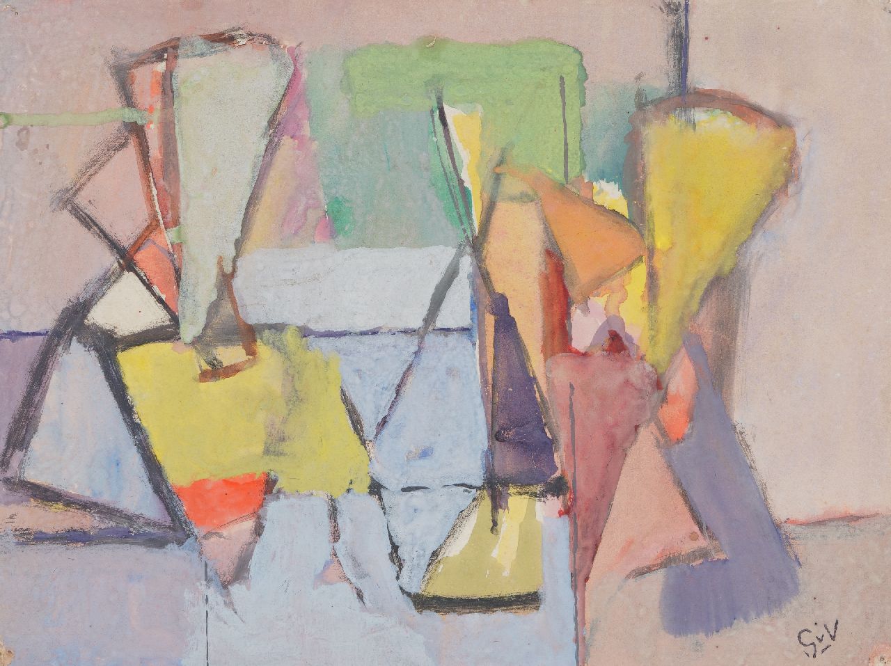 Velde G. van | Gerardus 'Geer' van Velde | Aquarellen en tekeningen te koop aangeboden | Personages autour d'une table (Figuren rond een tafel); verso: Stilleven bij raam, aquarel en gouache op papier 23,8 x 31,7 cm, gesigneerd rechtsonder en te dateren ca. 1944