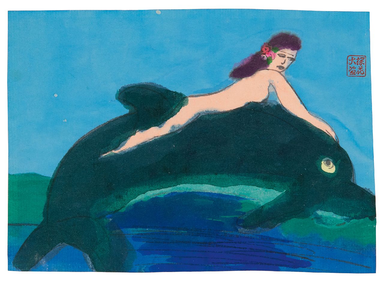 Ting W.  | Walasse Ting |  te koop aangeboden | Dolfijn, viltstift en aquarel op papier 11,7 x 16,3 cm, gesigneerd rechtsboven met stempelsignatuur