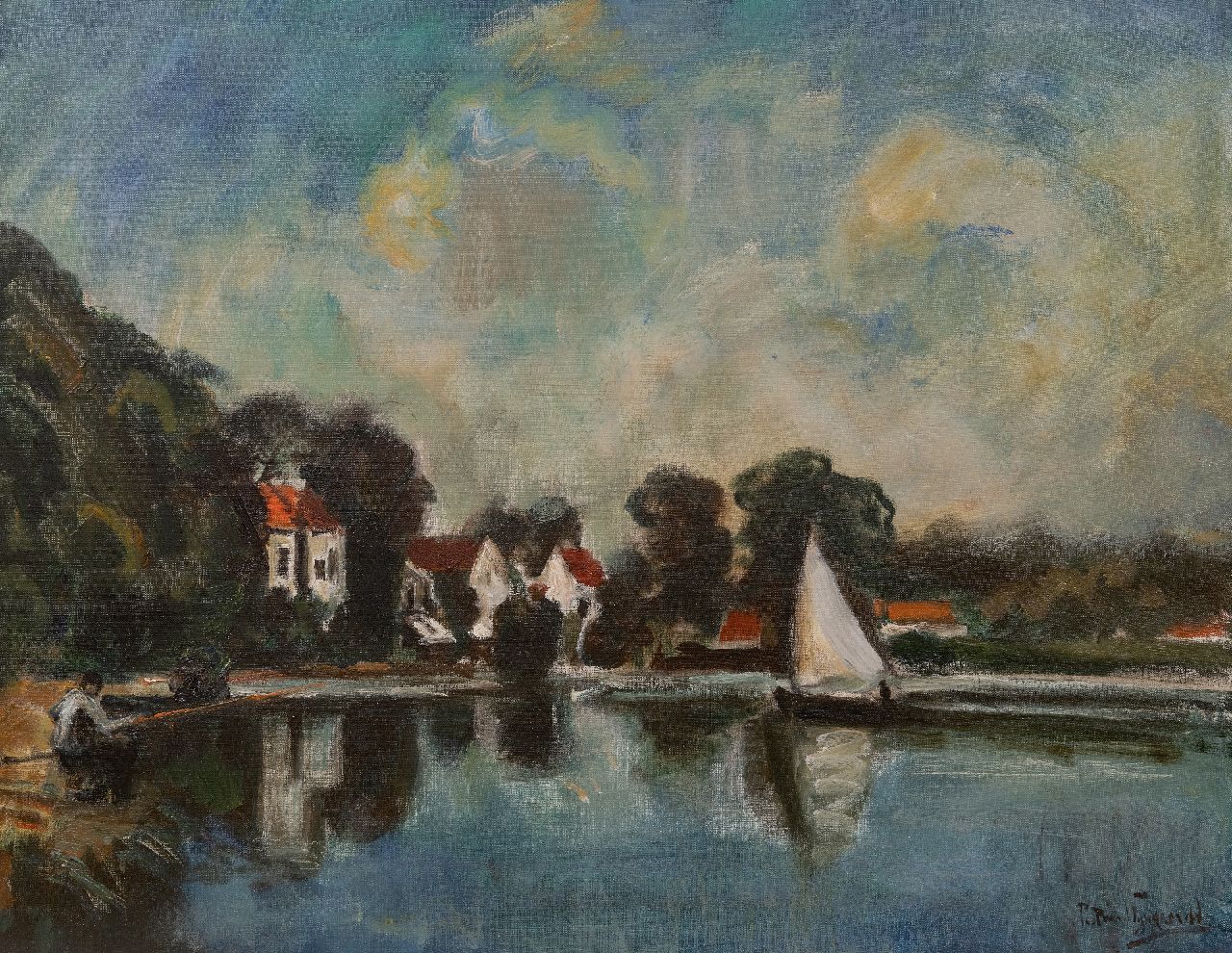 Wijngaerdt P.T. van | Petrus Theodorus 'Piet' van Wijngaerdt | Schilderijen te koop aangeboden | Zeilbootje op 't Zuider Buiten Spaarne bij Haarlem, olieverf op doek 70,5 x 90,2 cm, gesigneerd rechtsonder en zonder lijst