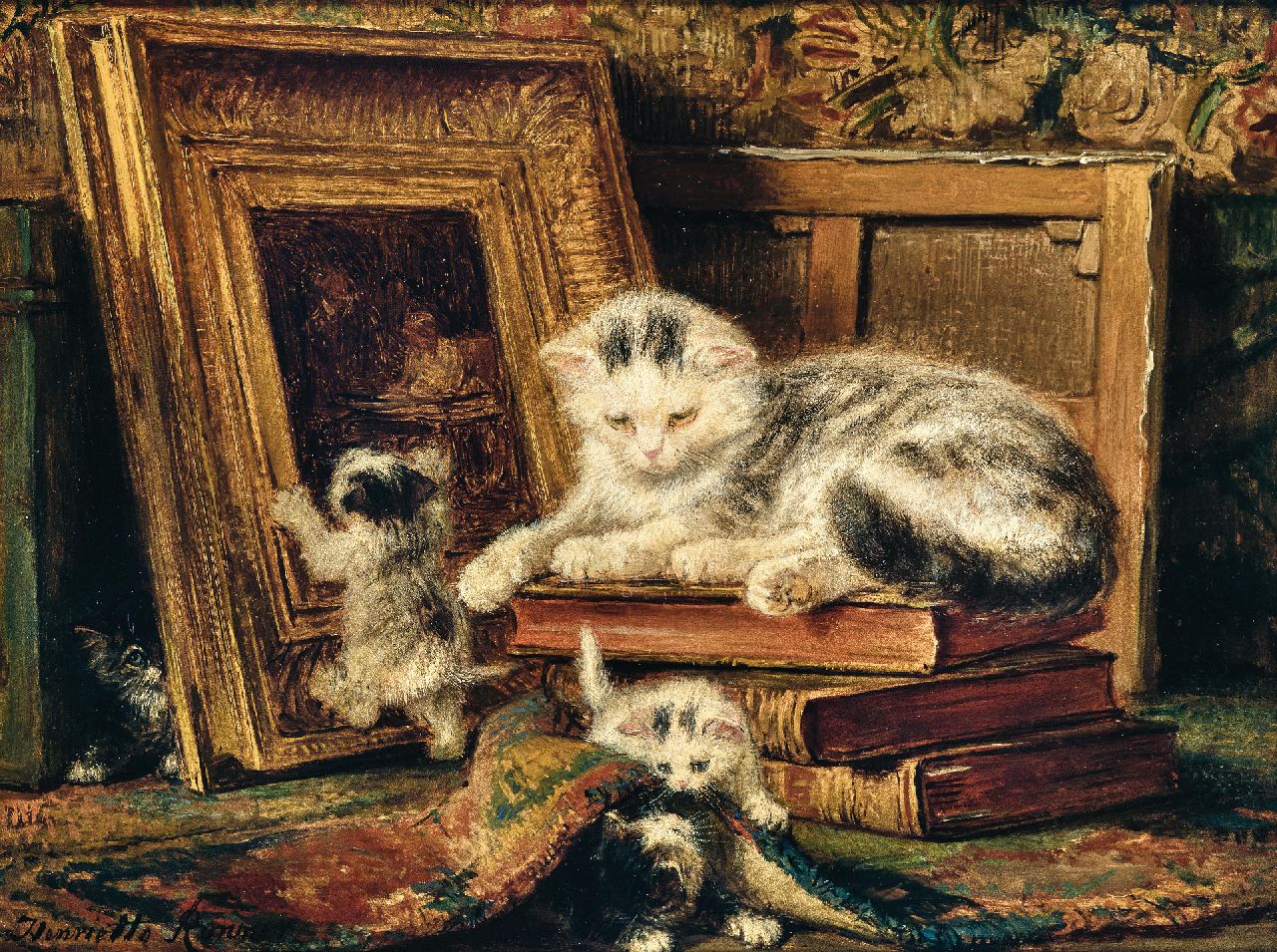 Ronner-Knip H.  | Henriette Ronner-Knip | Schilderijen te koop aangeboden | Moederpoes met spelende kittens, olieverf op paneel 24,5 x 32,5 cm, gesigneerd linksonder