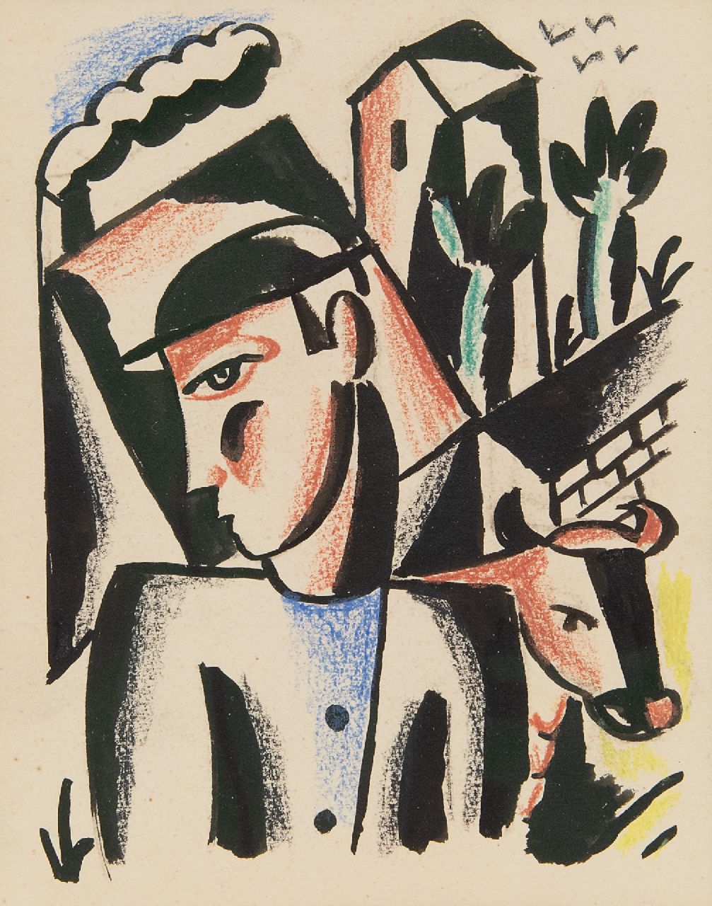 Hynckes R.  | Raoul Hynckes | Aquarellen en tekeningen te koop aangeboden | Boer met koe, inkt en krijt op papier 15,3 x 12,3 cm