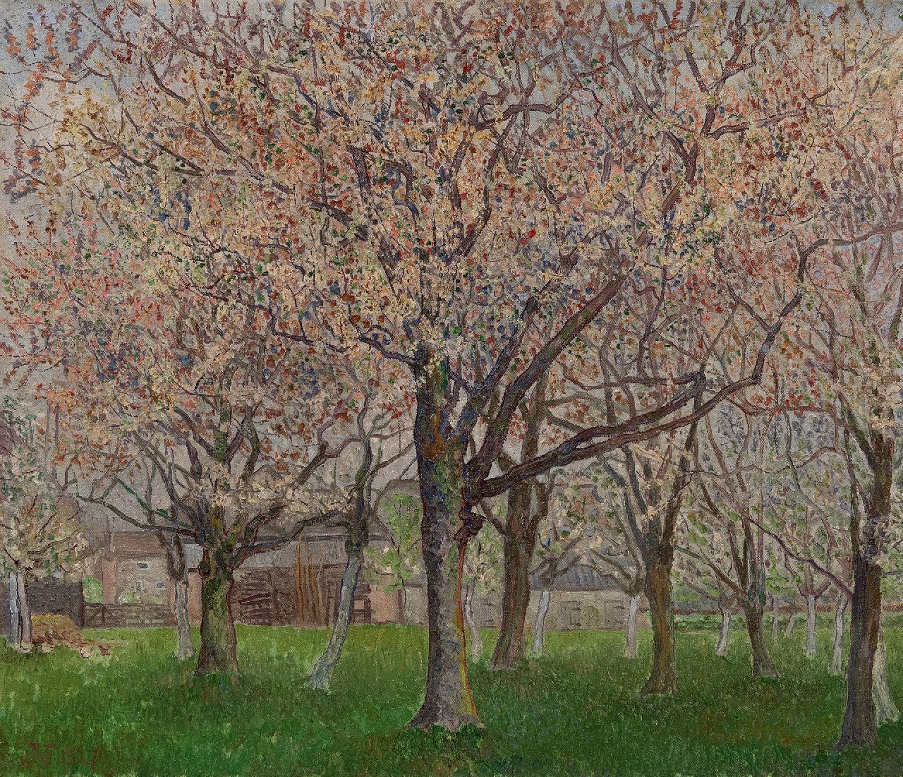 Nieweg J.  | Jakob Nieweg | Schilderijen te koop aangeboden | Bloeiende fruitboomgaard, olieverf op doek 55,8 x 65,1 cm, gesigneerd linksonder met monogram en gedateerd 1927