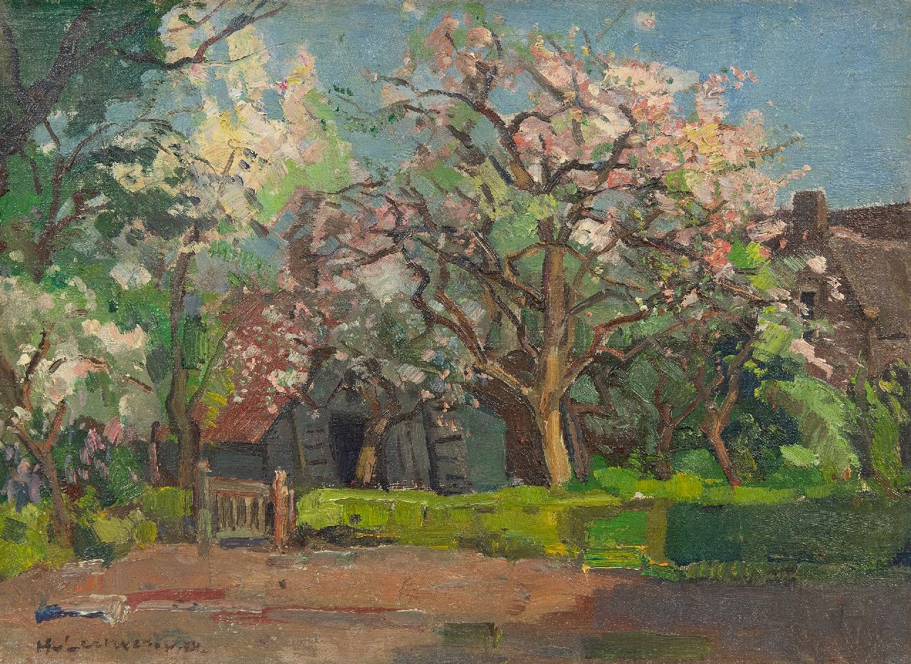 Leeuwen H. van | Hendrik 'Henk' van Leeuwen | Schilderijen te koop aangeboden | Bloesembomen bij een boerderij, olieverf op doek 30,2 x 40,4 cm, gesigneerd linksonder