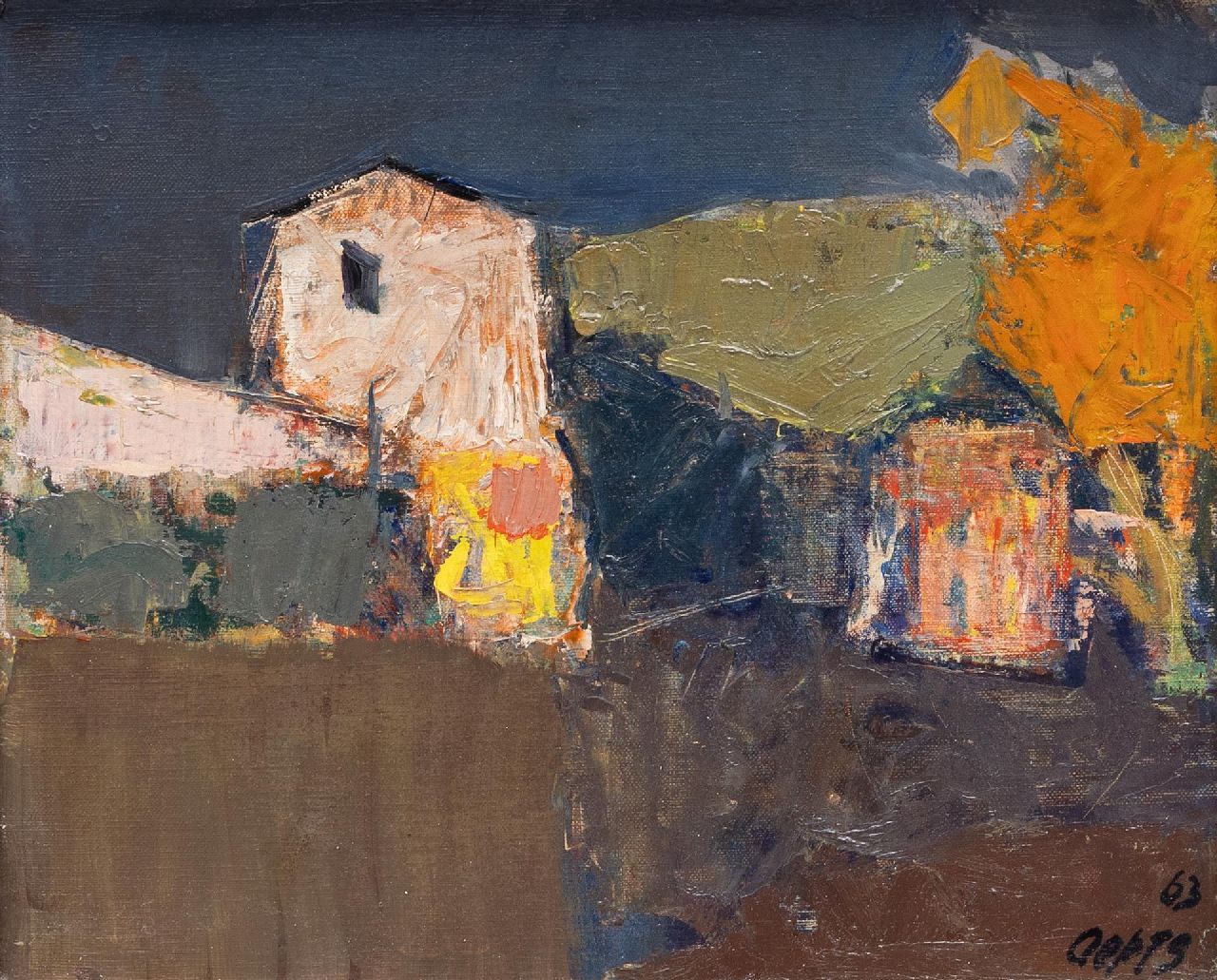 Wim Oepts | Boerderij, olieverf op doek, 26,0 x 29,0 cm, gesigneerd r.o. en gedateerd '63