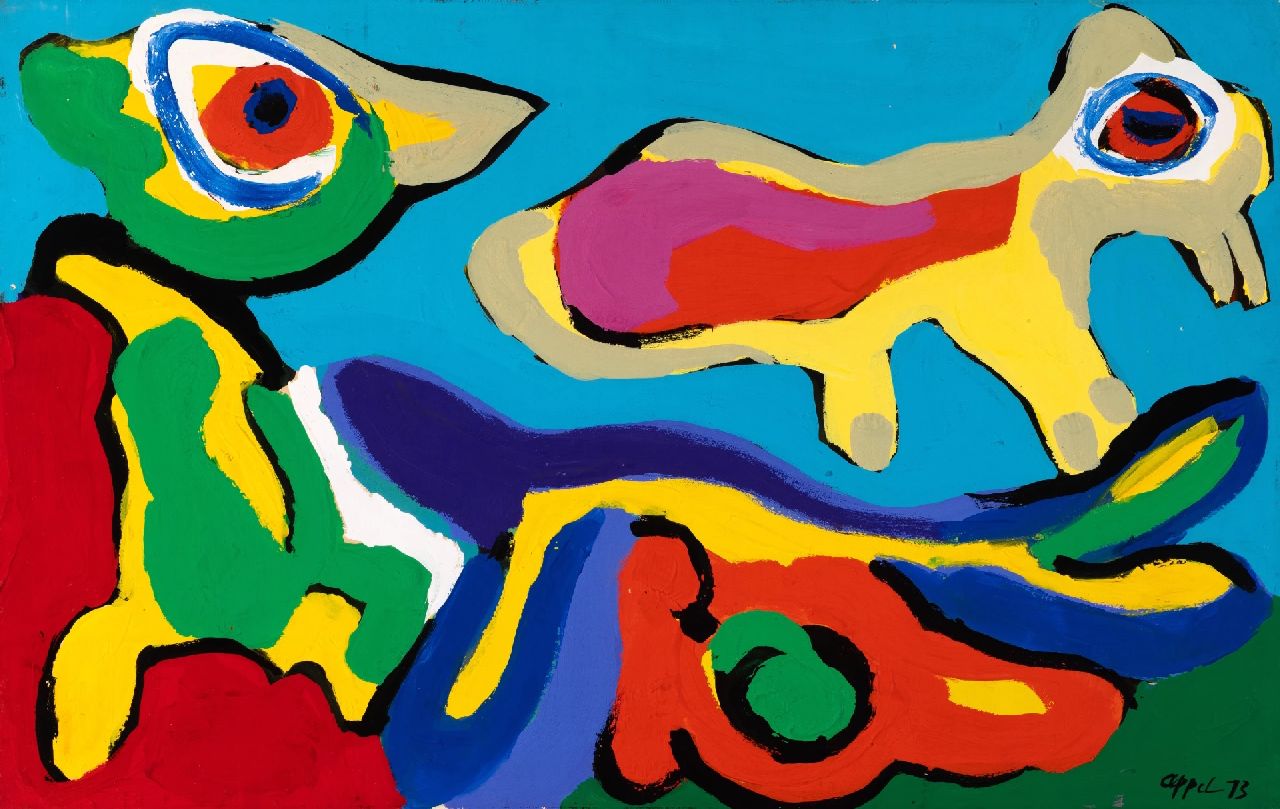 Appel C.K.  | Christiaan 'Karel' Appel | Schilderijen te koop aangeboden | Birds, acryl op papier op doek 48,5 x 77,0 cm, gesigneerd rechtsonder en gedateerd '73
