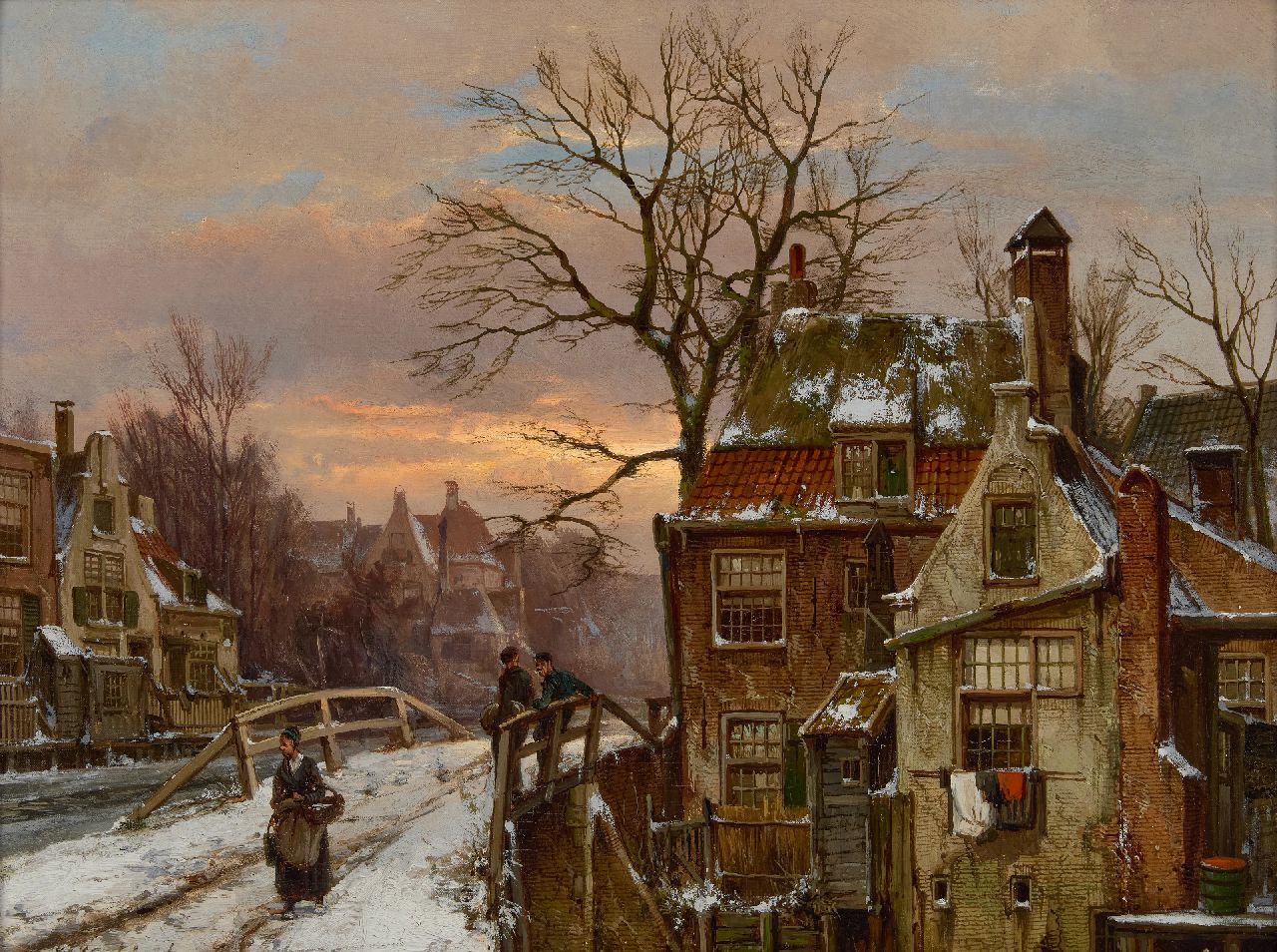 Koekkoek W.  | Willem Koekkoek | Schilderijen te koop aangeboden | Besneeuwd stadsgezicht bij zonsondergang, olieverf op doek 44,0 x 59,5 cm, gesigneerd linksonder