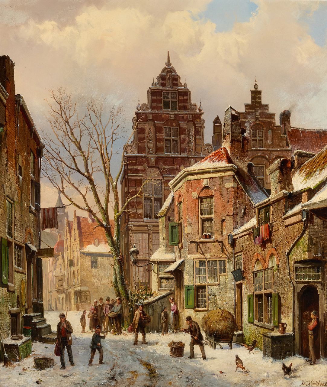 Koekkoek W. | Willem Koekkoek | Schilderijen te koop aangeboden | Winters stadsgezicht met figuren, olieverf op doek 70,0 x 60,0 cm, gesigneerd rechtsonder Koekkoek W. | Willem Koekkoek | Schilderijen te koop aangeboden | Winters stadsgezicht met figuren, olieverf op doek 70,0 x 60,0 cm, gesigneerd rechtsonder