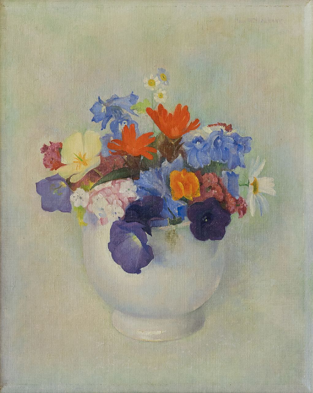 Wittenberg J.H.W. | 'Jan' Hendrik Willem Wittenberg | Schilderijen te koop aangeboden | Bloemstilleven, olieverf op doek 29,8 x 24,0 cm, gesigneerd rechtsboven en te dateren ca. 1940 Wittenberg J.H.W. | 'Jan' Hendrik Willem Wittenberg | Schilderijen te koop aangeboden | Bloemstilleven, olieverf op doek 29,8 x 24,0 cm, gesigneerd rechtsboven en te dateren ca. 1940