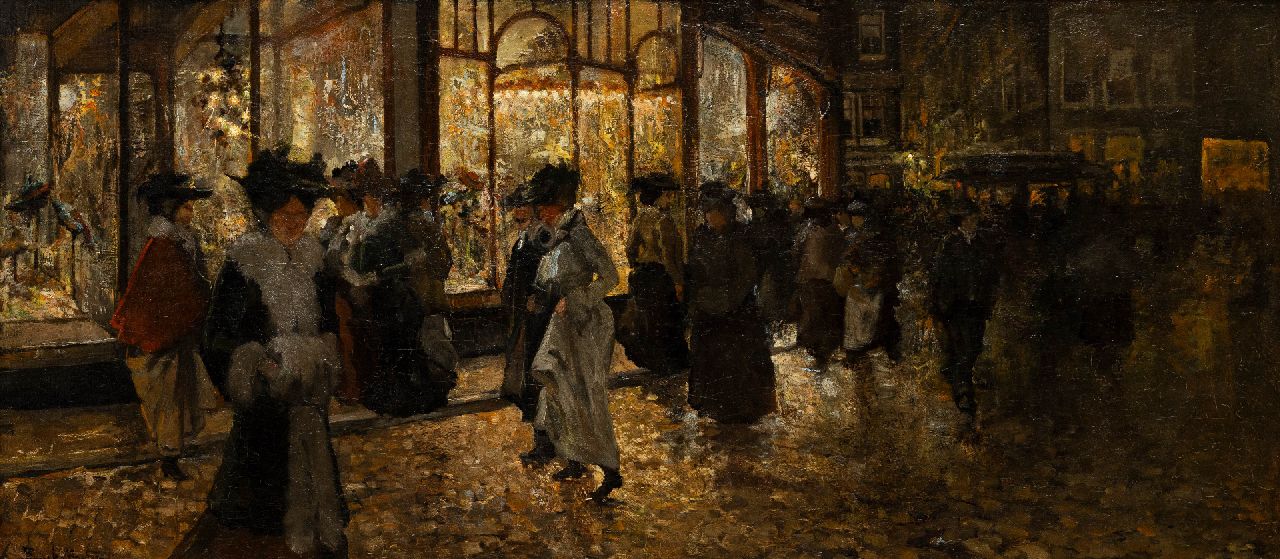 Helfferich F.W.  | Franciscus Willem 'Frans' Helfferich | Schilderijen te koop aangeboden | Elegante winkelende dames tijdens de koopavond van de Bonneterie in Den Haag, olieverf op doek 70,0 x 157,0 cm, gesigneerd linksonder