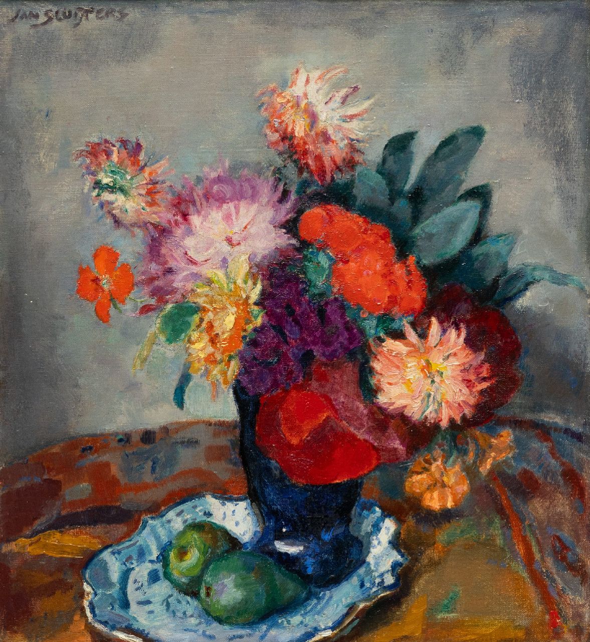 Sluijters J.C.B. | Johannes Carolus Bernardus 'Jan' Sluijters | Schilderijen te koop aangeboden | Stilleven van bloemen in een vaas op een blauwe schaal, olieverf op doek 49,0 x 54,0 cm, gesigneerd linksboven Sluijters J.C.B. | Johannes Carolus Bernardus 'Jan' Sluijters | Schilderijen te koop aangeboden | Stilleven van bloemen in een vaas op een blauwe schaal, olieverf op doek 49,0 x 54,0 cm, gesigneerd linksboven