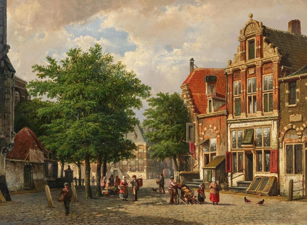 Koekkoek W. | Willem Koekkoek | Schilderijen te koop aangeboden | Zomers stadsgezicht met figuren bij een kerk, olieverf op doek 40,0 x 54,2 cm, gesigneerd rechtsonder (v) Koekkoek W. | Willem Koekkoek | Schilderijen te koop aangeboden | Zomers stadsgezicht met figuren bij een kerk, olieverf op doek 40,0 x 54,2 cm, gesigneerd rechtsonder (v)