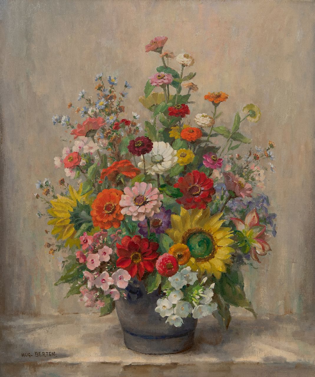 Berten H.H.  | Hermann 'Hugo' Berten | Schilderijen te koop aangeboden | Keulse pot met zomerbloemen, olieverf op doek 60,1 x 50,5 cm, gesigneerd linksonder en zonder lijst