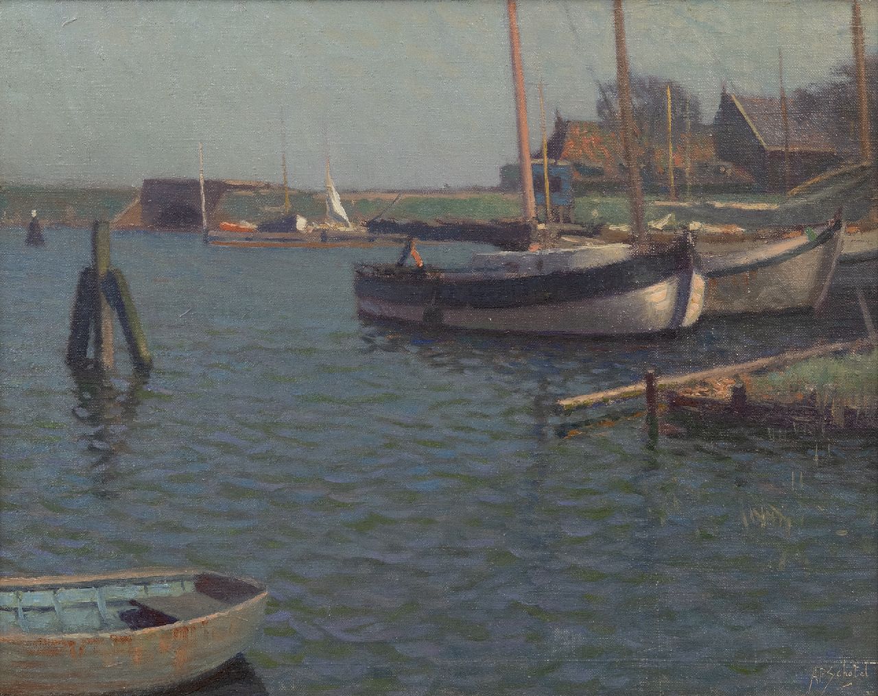 Schotel A.P.  | Anthonie Pieter Schotel | Schilderijen te koop aangeboden | Scheepswerf in Muiden, olieverf op doek 40,3 x 50,4 cm, gesigneerd rechtsonder