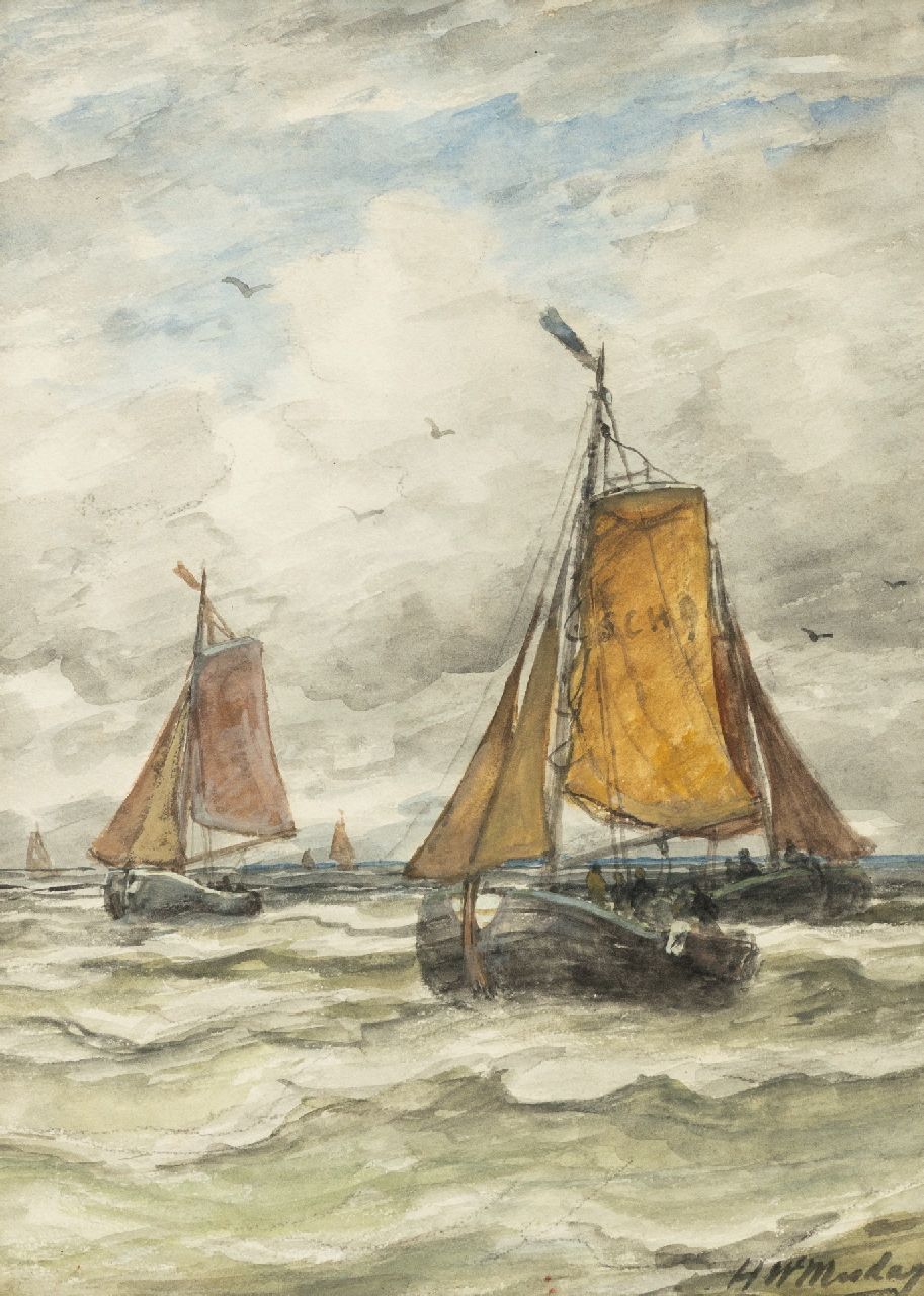 Mesdag H.W. | Hendrik Willem Mesdag | Aquarellen en tekeningen te koop aangeboden | Bomschuiten op zee, houtskool en aquarel op papier 36,0 x 26,0 cm, gesigneerd rechtsonder Mesdag H.W. | Hendrik Willem Mesdag | Aquarellen en tekeningen te koop aangeboden | Bomschuiten op zee, houtskool en aquarel op papier 36,0 x 26,0 cm, gesigneerd rechtsonder