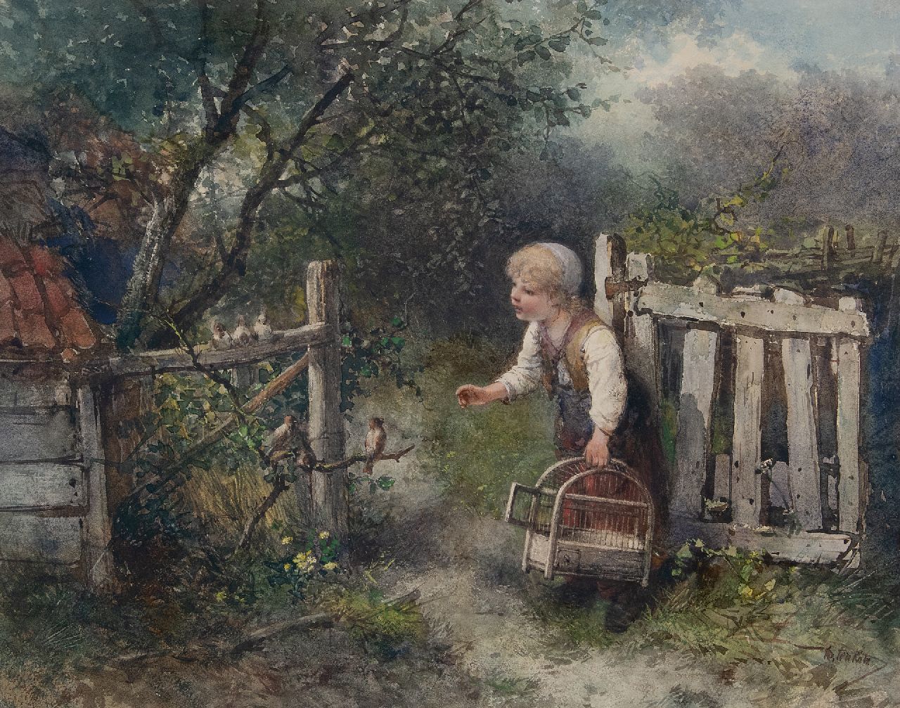 Kate J.M.H. ten | Johan 'Mari' Henri ten Kate | Aquarellen en tekeningen te koop aangeboden | De kleine vogelvanger, aquarel op papier 48,0 x 61,0 cm, gesigneerd rechtsonder