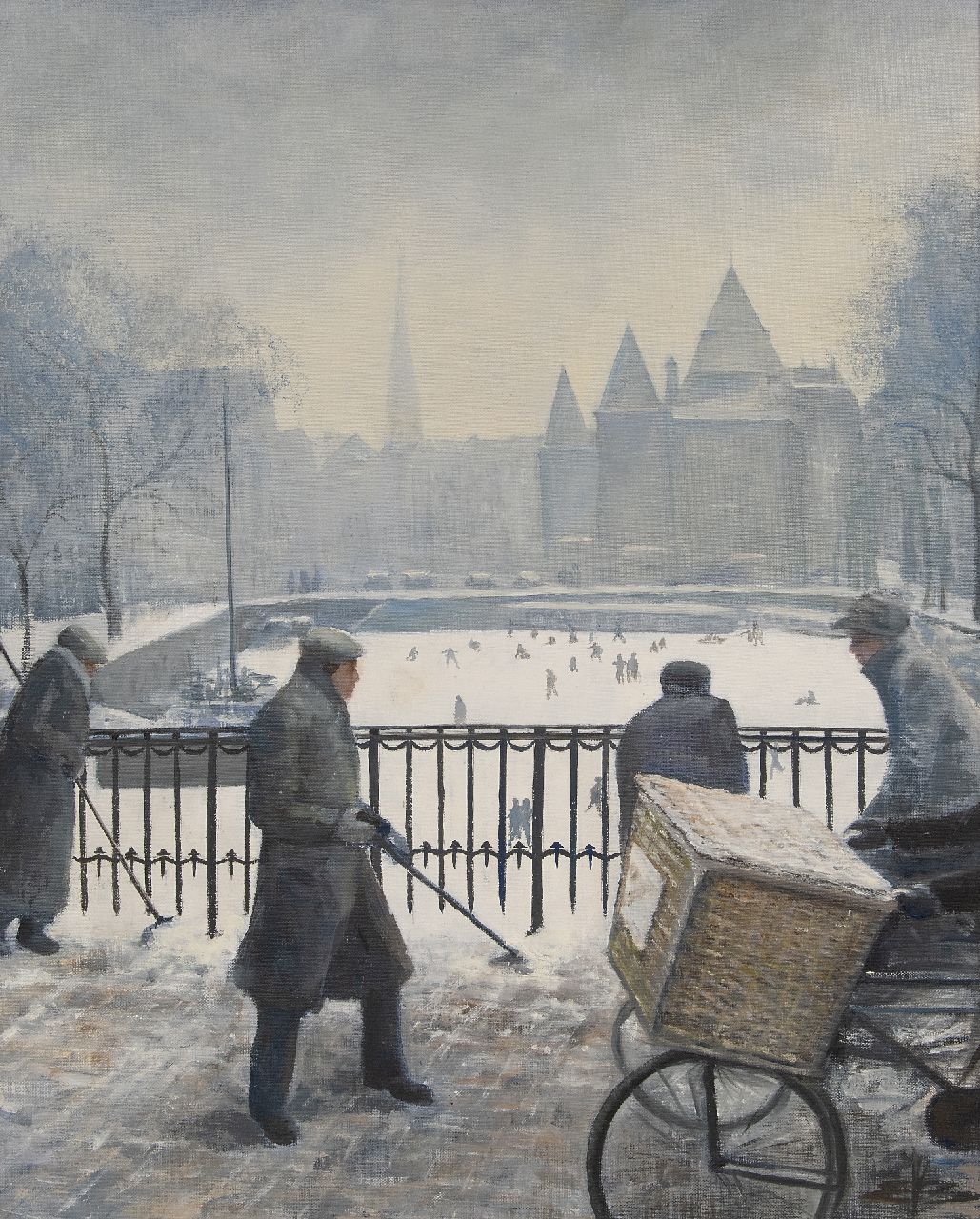 Verbiest-Boers E.  | Eveline Verbiest-Boers | Schilderijen te koop aangeboden | De Amsterdamse OZ Voorburgwal en de Waag in de sneeuw, olieverf op doek op schildersboard 60,0 x 48,2 cm, gesigneerd rechtsonder met monogram