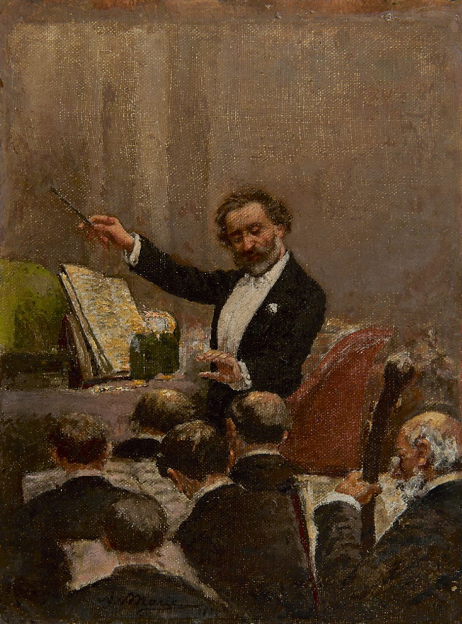 Marie A.E.  | Adrien Emmanuel Marie, Giuseppe Verdi dirigeert de eerste concert voorstelling van Aïda in Parijs, 1880, olieverf op doek 29,8 x 22,5 cm, gesigneerd links van het midden. en gedateerd 1880