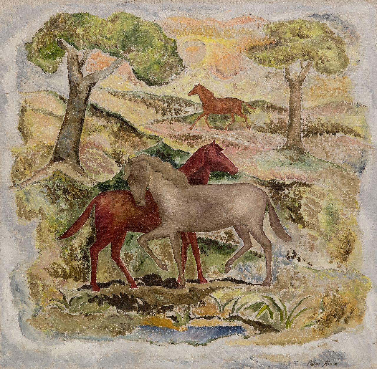 Alma P. | Petrus 'Peter' Alma | Schilderijen te koop aangeboden | De Paarden, olieverf op doek 48,7 x 50,3 cm, gesigneerd rechtsonder Alma P. | Petrus 'Peter' Alma | Schilderijen te koop aangeboden | De Paarden, olieverf op doek 48,7 x 50,3 cm, gesigneerd rechtsonder