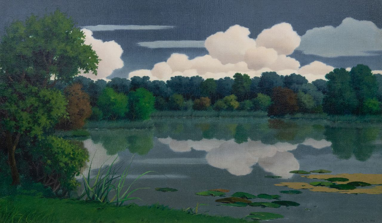 Ven W. van der | Willem van der Ven | Schilderijen te koop aangeboden | Bosmeer met weerspiegeling van wolken, bij Vriezenveen, olieverf op doek 60,0 x 99,6 cm, gesigneerd rechtsonder en gedateerd 1948