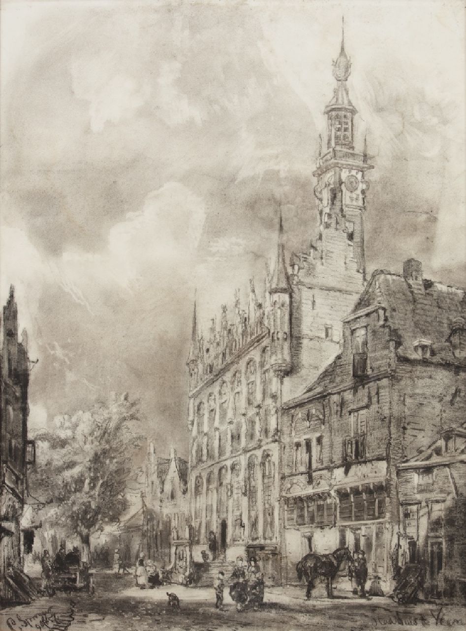 Springer C.  | Cornelis Springer | Aquarellen en tekeningen te koop aangeboden | Het stadhuis te Veere, potlood en krijt op papier 67,0 x 50,0 cm, gesigneerd linksonder en gedateerd 9 okt 57