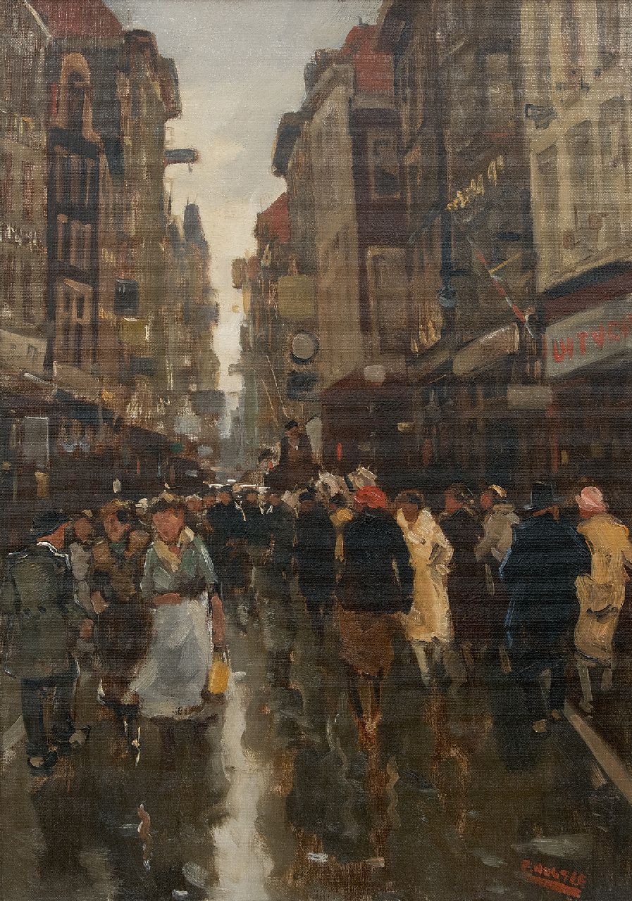 Noltee B.C.  | Bernardus Cornelis 'Cor' Noltee | Schilderijen te koop aangeboden | Drukbevolkte winkelstraat/Spuistraat, Den Haag, olieverf op doek 49,7 x 33,7 cm, gesigneerd rechtsonder