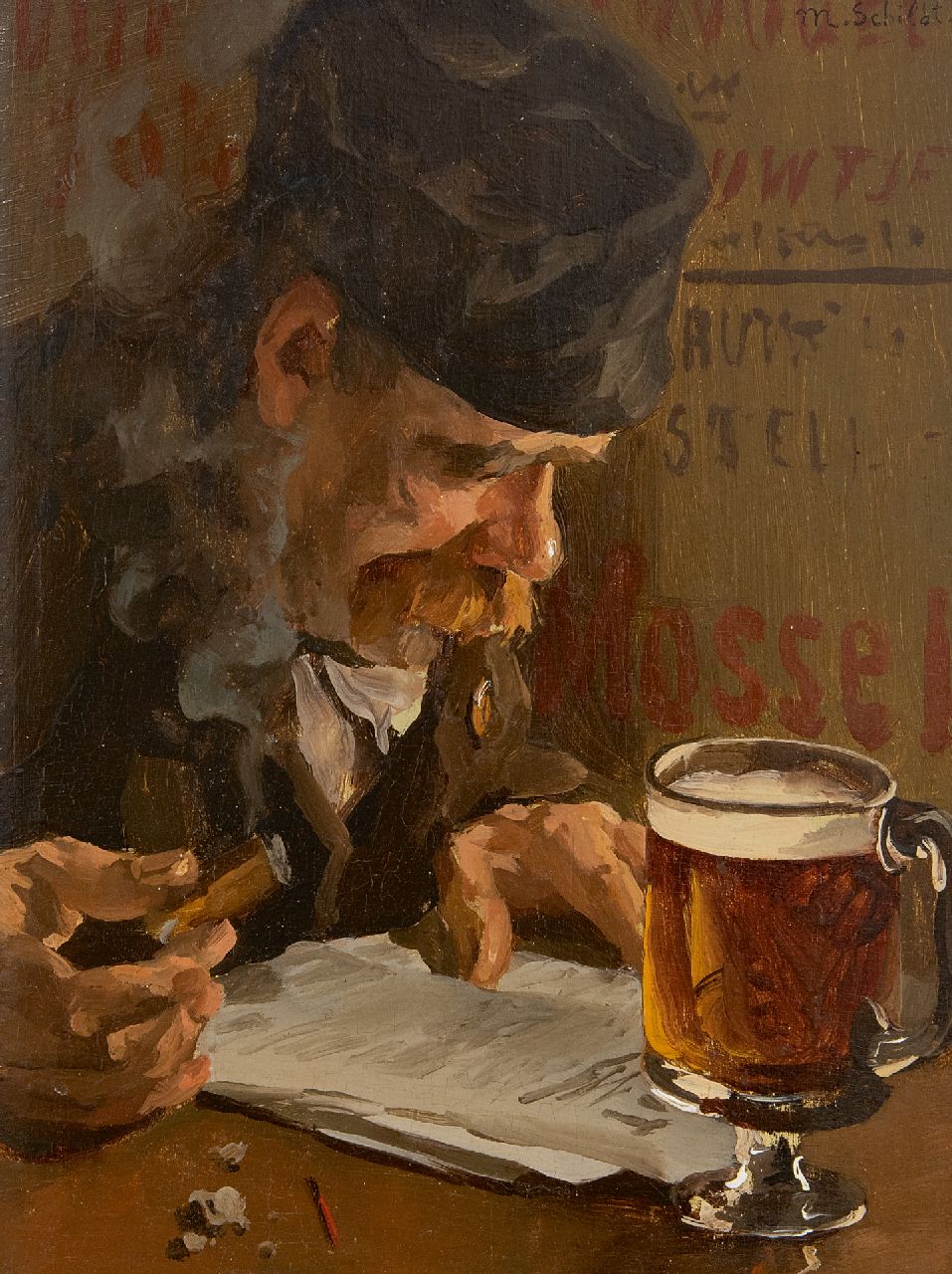 Schildt M.  | Martinus 'Martin' Schildt | Schilderijen te koop aangeboden | Tevredenheid, olieverf op paneel 27,0 x 20,4 cm, gesigneerd rechtsboven en verso op etiket