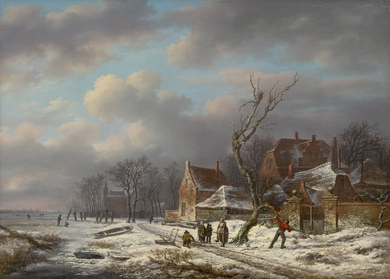 Schelfhout A.  | Andreas Schelfhout, Winterlandschap met houtsprokkelaars (pendant van Zomerlandschap), olieverf op paneel 53,0 x 72,6 cm, gesigneerd rechtsonder (resten van signatuur) en te dateren ca. 1815