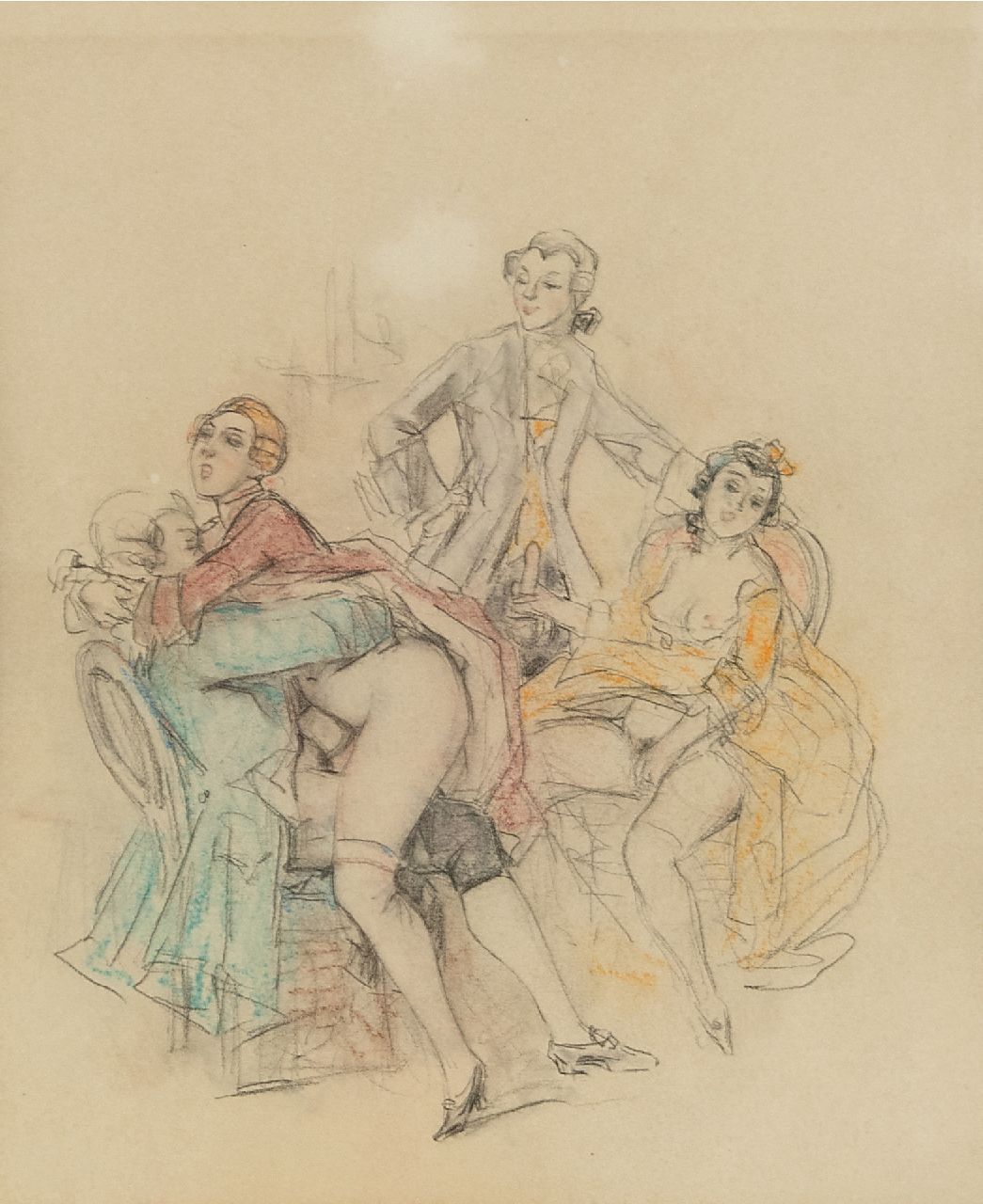 Poulton T.L.  | Thomas Leycester 'Tom' Poulton, Réunion mondaine / Mondain feestje, kleurpotlood op papier 21,5 x 18,0 cm