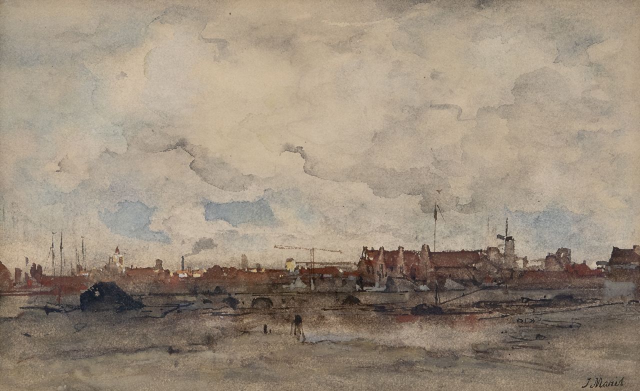 Maris J.H.  | Jacobus Hendricus 'Jacob' Maris | Aquarellen en tekeningen te koop aangeboden | Gezicht op Amsterdam (vermoedelijk), aquarel op papier 21,0 x 34,0 cm, gesigneerd rechtsonder