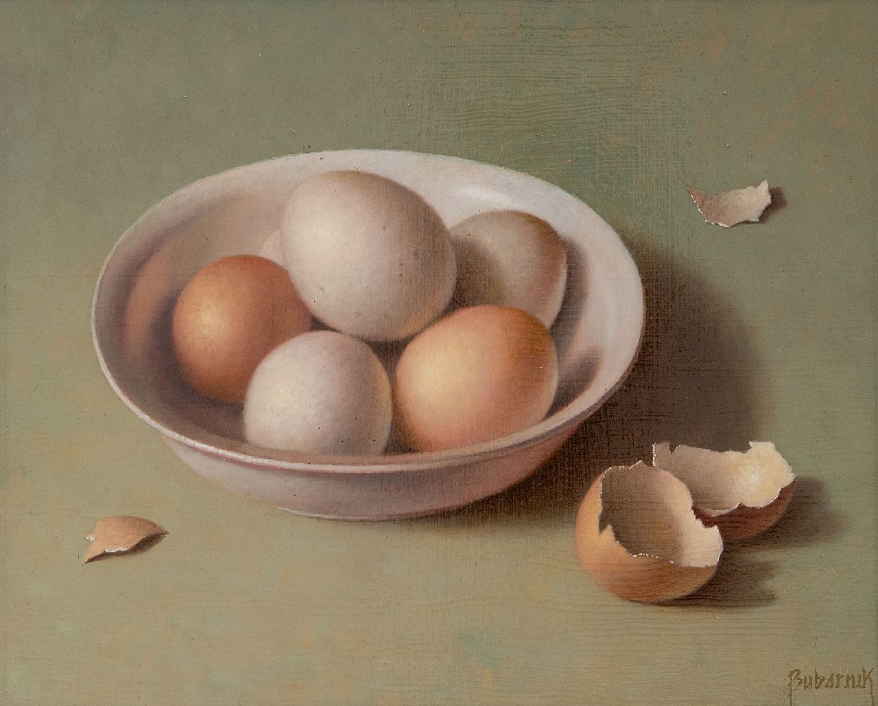 Bubarnik A.G.  | Andreas Gyula Bubarnik | Schilderijen te koop aangeboden | Stilleven van een kom met eieren, olieverf op paneel 24,0 x 30,0 cm, gesigneerd rechtsonder