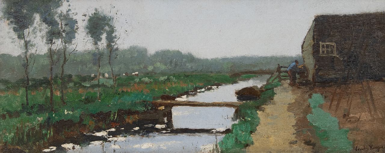 Kuijpers C. | Cornelis Kuijpers | Schilderijen te koop aangeboden | Landschap met boer en boerenschuur bij een sloot, olieverf op doek 24,6 x 57,8 cm, gesigneerd rechtsonder Kuijpers C. | Cornelis Kuijpers | Schilderijen te koop aangeboden | Landschap met boer en boerenschuur bij een sloot, olieverf op doek 24,6 x 57,8 cm, gesigneerd rechtsonder