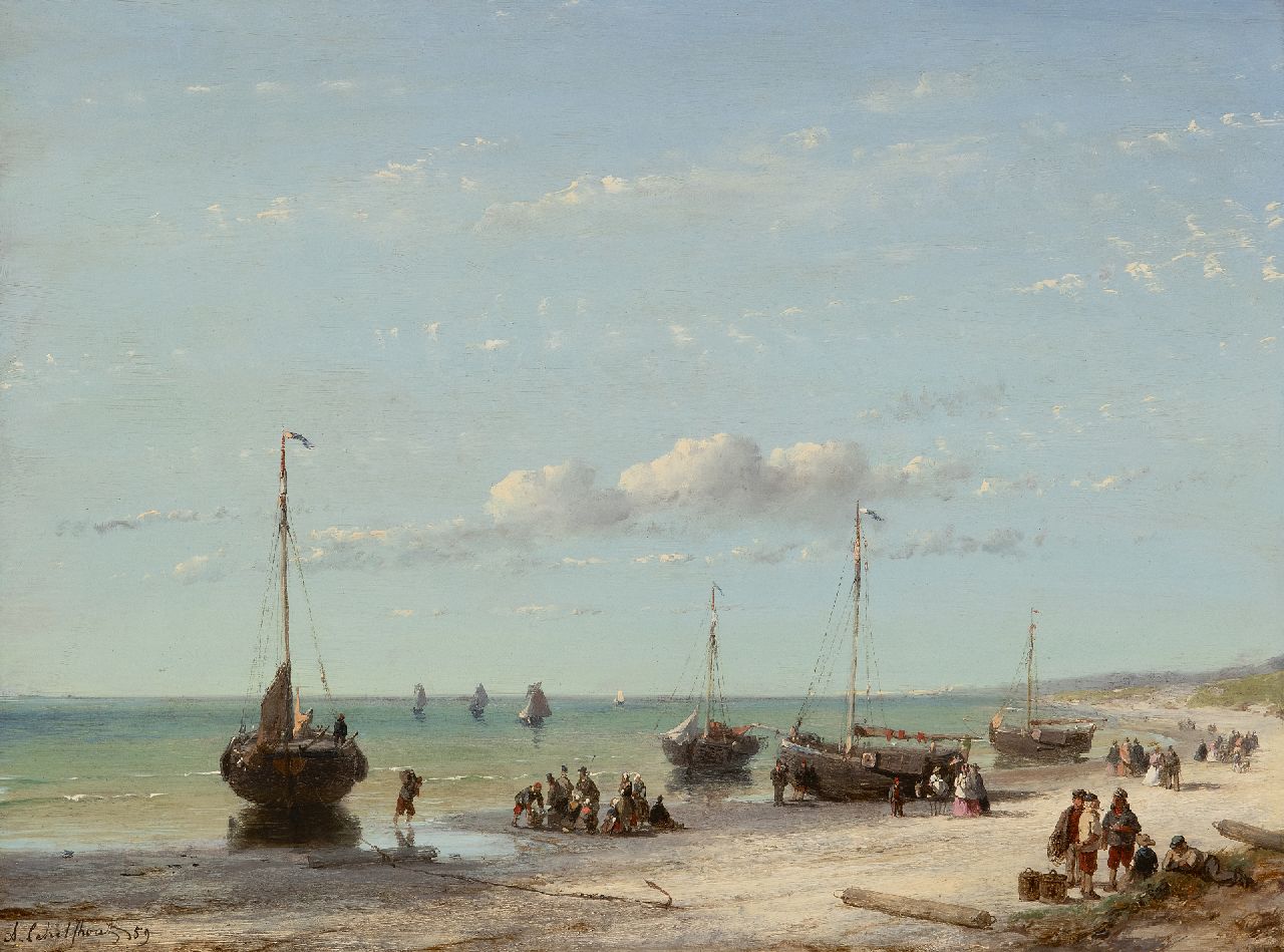 Schelfhout A.  | Andreas Schelfhout, Strandgezicht met schepen, vissers en elegante wandelaars, olieverf op paneel 32,1 x 43,0 cm, gesigneerd linksonder en gedateerd '59