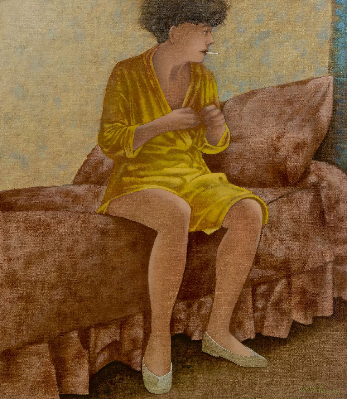 Aat Verhoog | Rokende vrouw op roze bed, olieverf op doek, 80,0 x 70,0 cm, gesigneerd r.o. en gedateerd '93