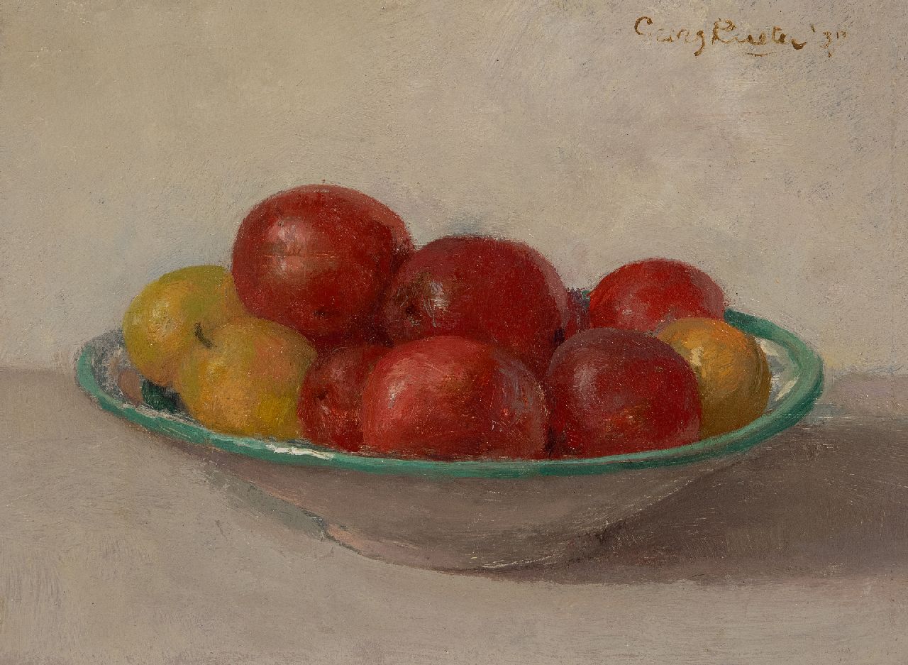 Rueter W.C.G.  | Wilhelm Christian 'Georg' Rueter | Schilderijen te koop aangeboden | Stilleven van fruit op een schaaltje, olieverf op paneel 17,6 x 23,3 cm, gesigneerd rechtsboven en gedateerd '37
