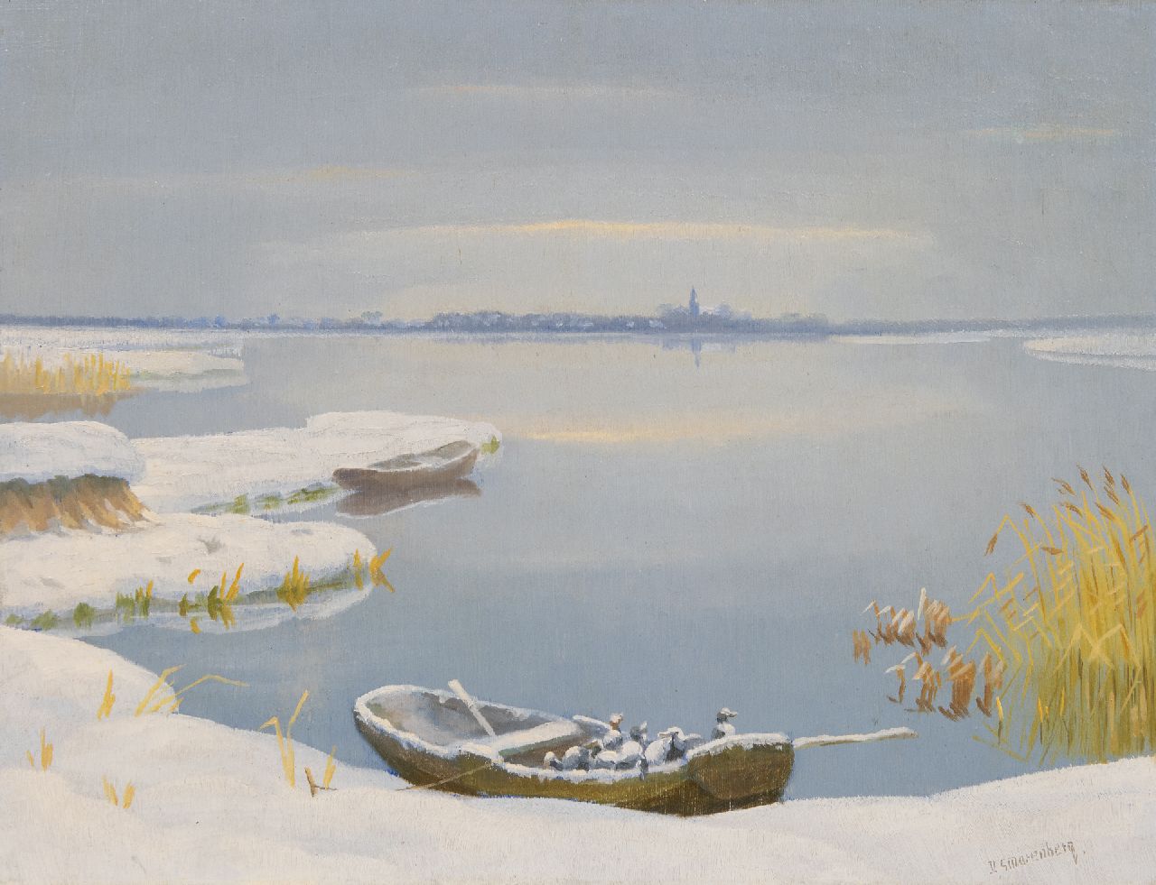 Smorenberg D.  | Dirk Smorenberg | Schilderijen te koop aangeboden | Winters gezicht bij Loosdrecht met eendenfamilie in de schuit, olieverf op board 30,3 x 39,5 cm, gesigneerd rechtsonder
