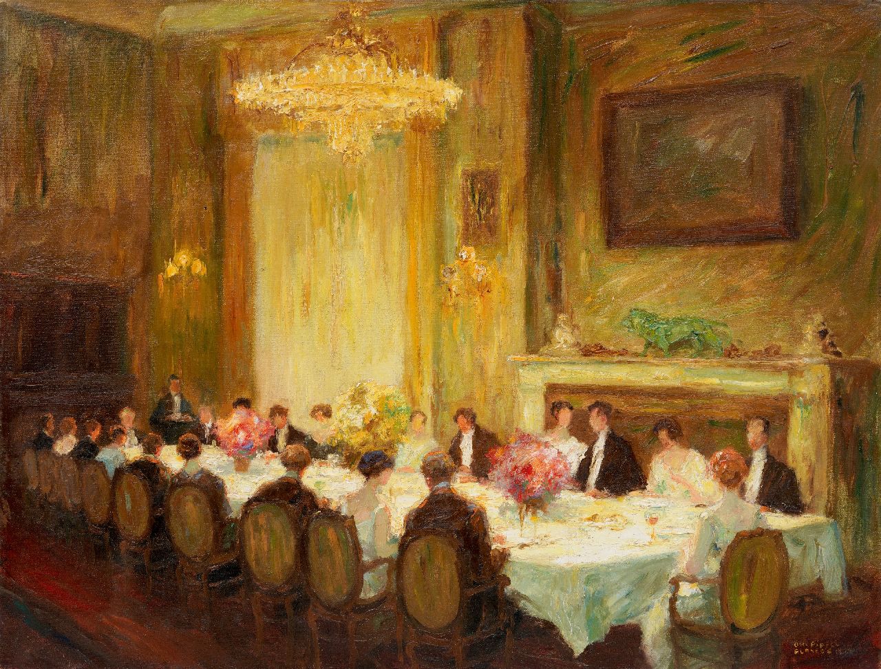 Pippel O.E.  | 'Otto' Eduard Pippel, Het avonddiner, olieverf op doek 63,7 x 79,7 cm, gesigneerd rechtsonder en gedateerd 'Planegg' 1909