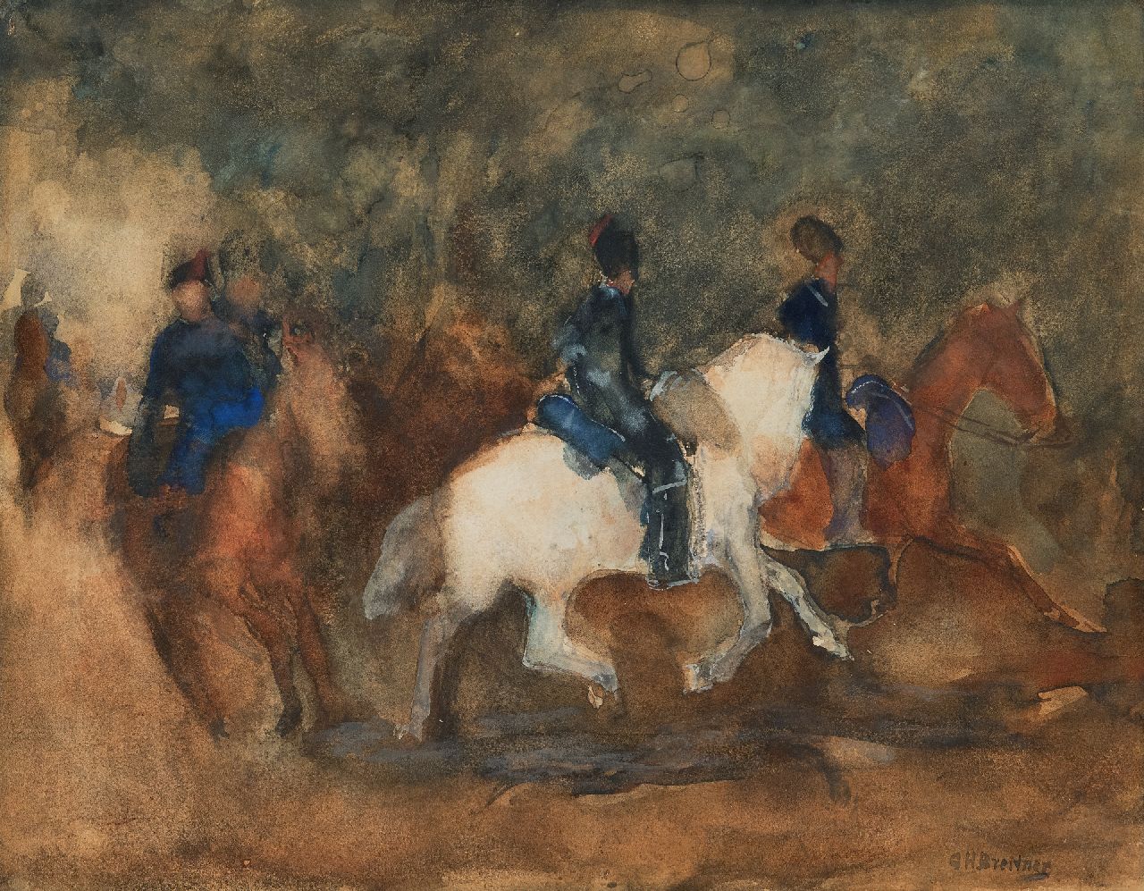 Breitner G.H.  | George Hendrik Breitner, Cavalerie, aquarel op papier 25,8 x 33,8 cm, gesigneerd rechtsonder en te dateren ca. 1905