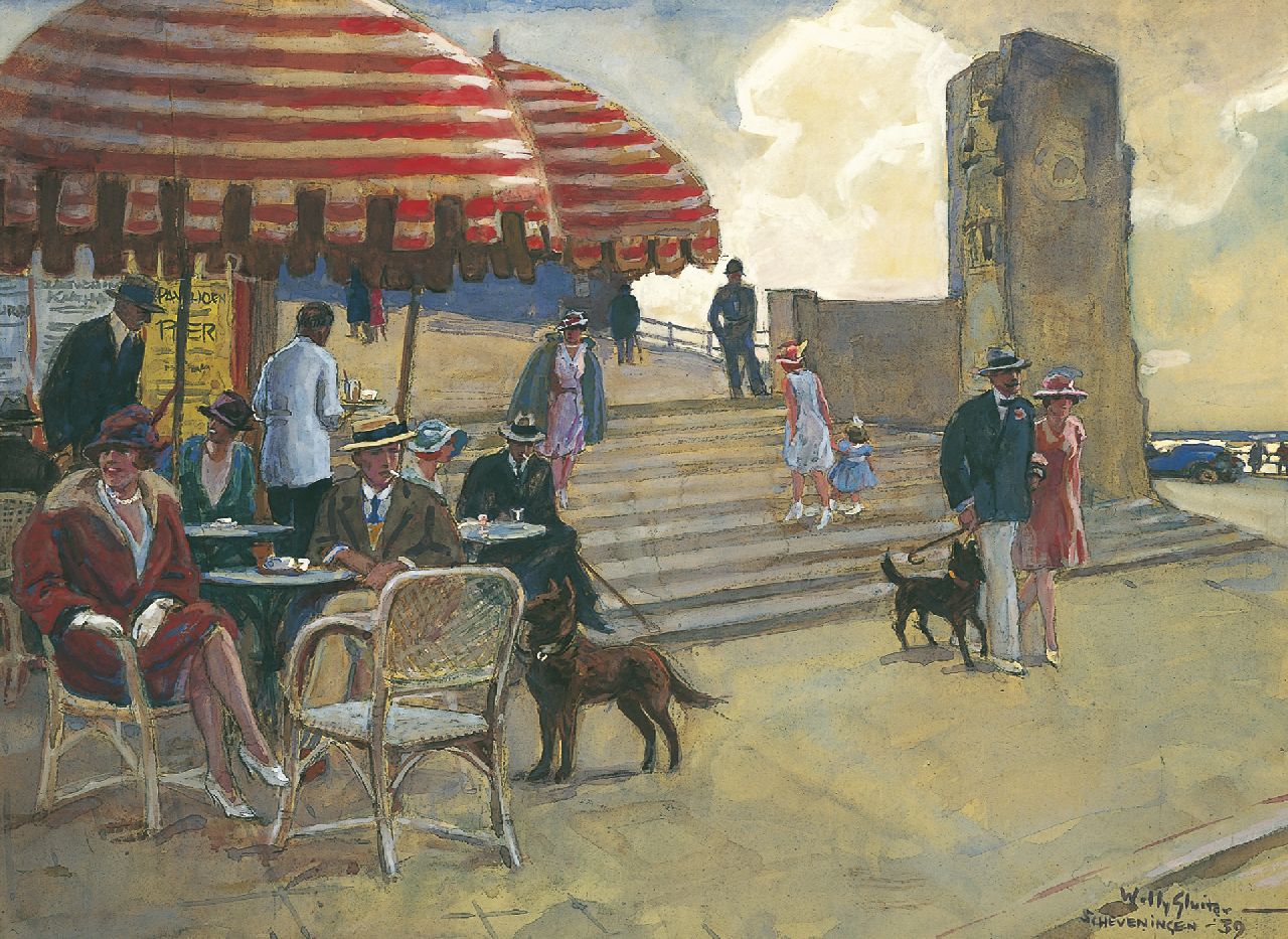 Sluiter J.W.  | Jan Willem 'Willy' Sluiter | Aquarellen en tekeningen te koop aangeboden | Op het terras, Scheveningen, aquarel en gouache op papier 47,5 x 64,5 cm, gesigneerd rechtsonder en gedateerd '39