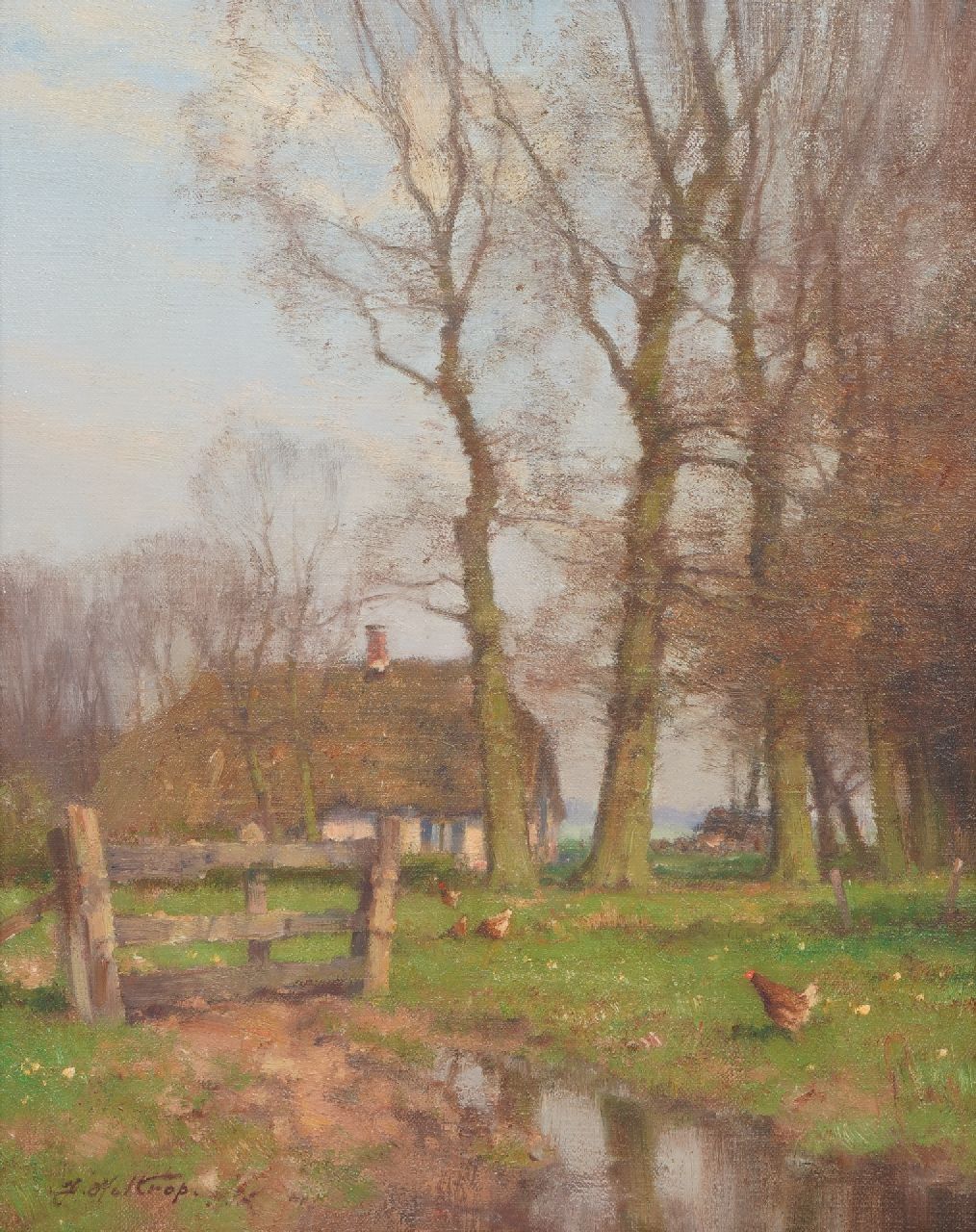 Holtrup J.  | Jan Holtrup | Schilderijen te koop aangeboden | Kippen voor een boerderij, olieverf op doek 30,0 x 23,0 cm, gesigneerd linksonder