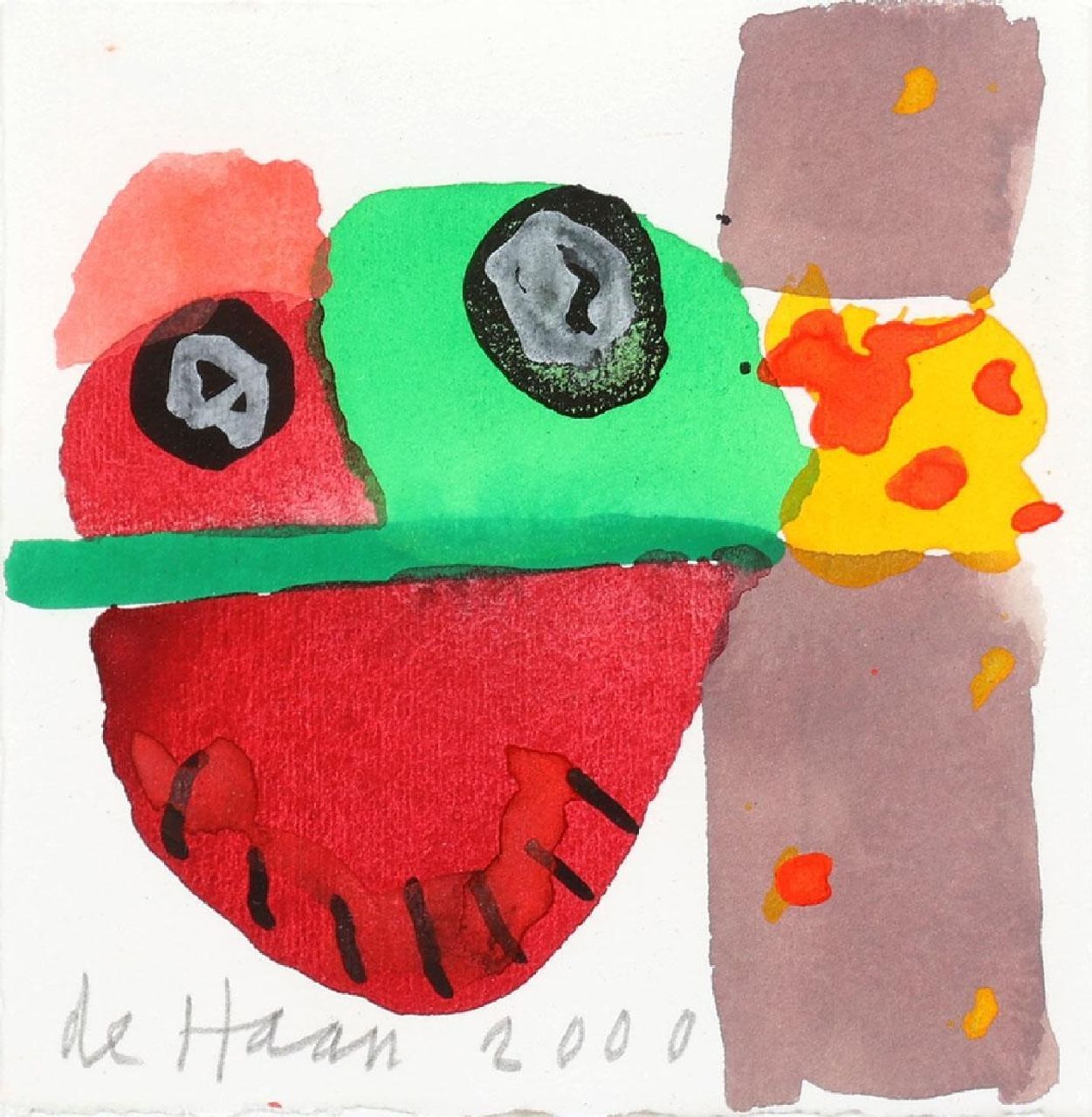 Haan J. de | Jurjen de Haan | Aquarellen en tekeningen te koop aangeboden | Compositie, gouache op papier 12,2 x 12,0 cm, gesigneerd linksonder en gedateerd 2000