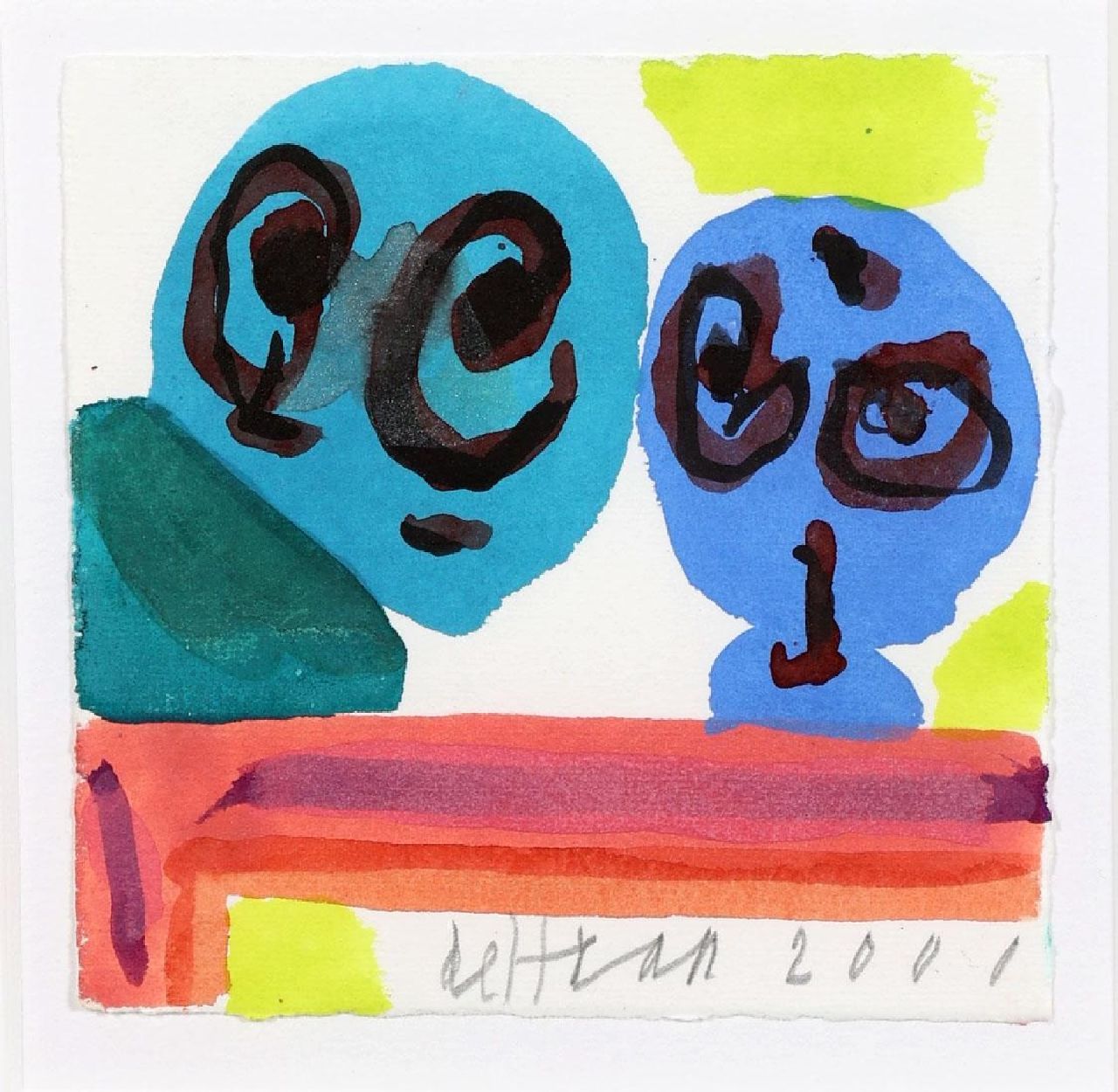 Haan J. de | Jurjen de Haan | Aquarellen en tekeningen te koop aangeboden | Twee figuren, gouache op papier 12,0 x 12,2 cm, gesigneerd middenonder en gedateerd 2001