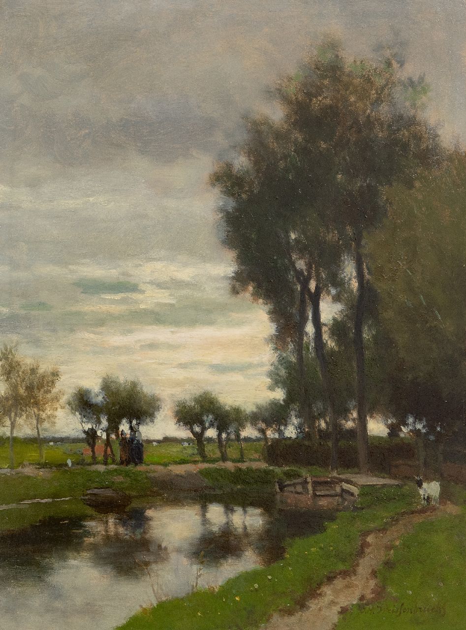 Weissenbruch H.J.  | Hendrik Johannes 'J.H.' Weissenbruch | Schilderijen te koop aangeboden | Wandelen langs het water, olieverf op paneel 41,0 x 30,4 cm, gesigneerd rechtsonder en gedateerd verso op etiket 1882