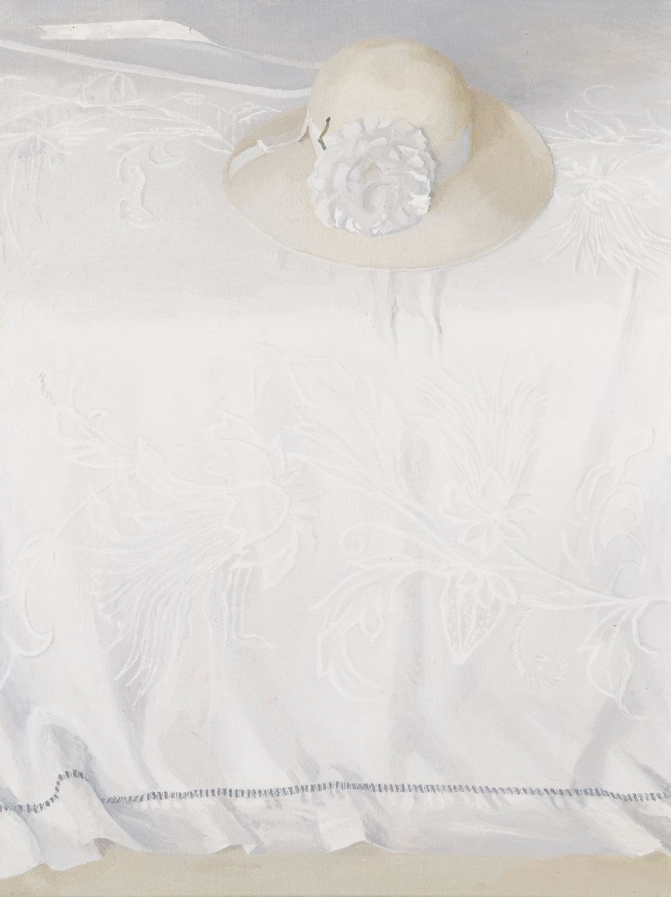 Ray K.  | Karen Ray | Schilderijen te koop aangeboden | Witte hoed op bed met wit sprei, olieverf op doek 61,0 x 46,0 cm