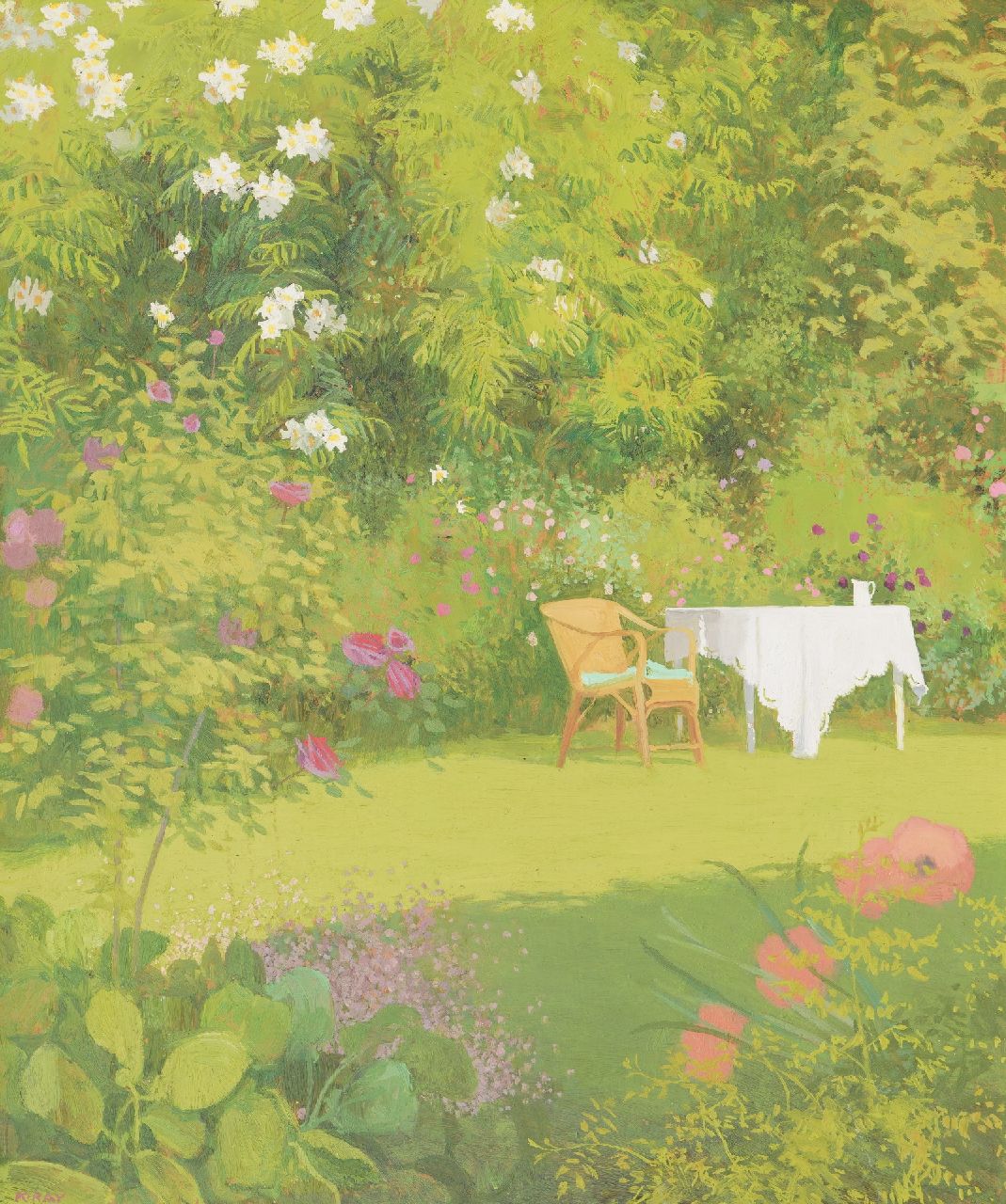 Karen Ray | Zomer in de tuin, olieverf op board, 61,0 x 52,0 cm, gesigneerd l.o.