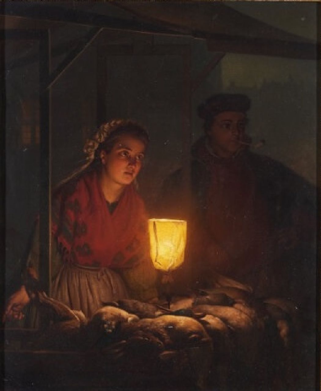 Schendel P. van | Petrus van Schendel | Schilderijen te koop aangeboden | Avondmarkt, olieverf op paneel 31,0 x 25,0 cm, gesigneerd rechtsonder en gedateerd 1865